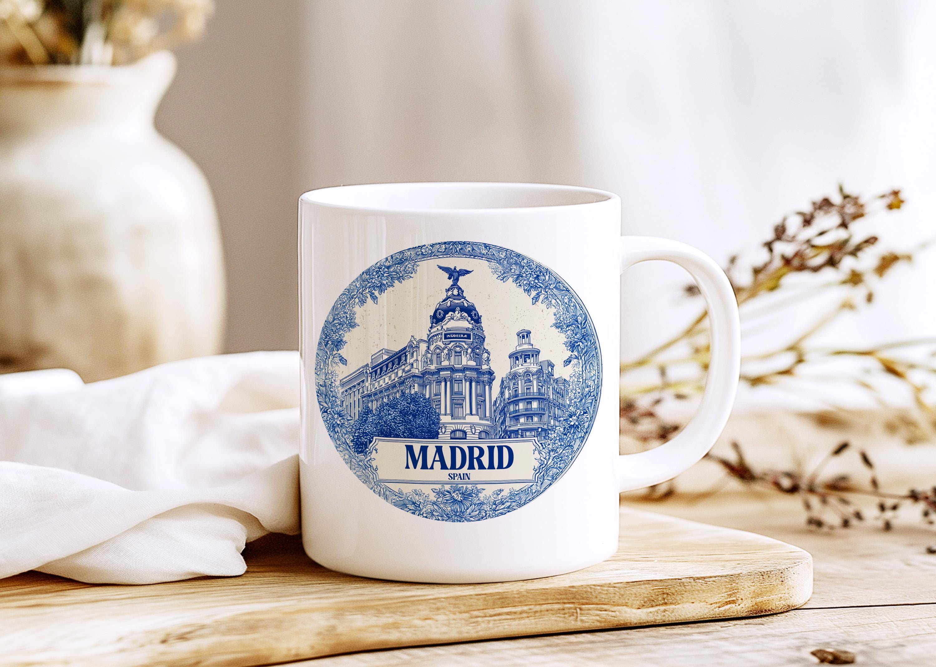 Madrid Spain Mug, Custom Delft Style cup, Personalized Vintage Travel City Gift