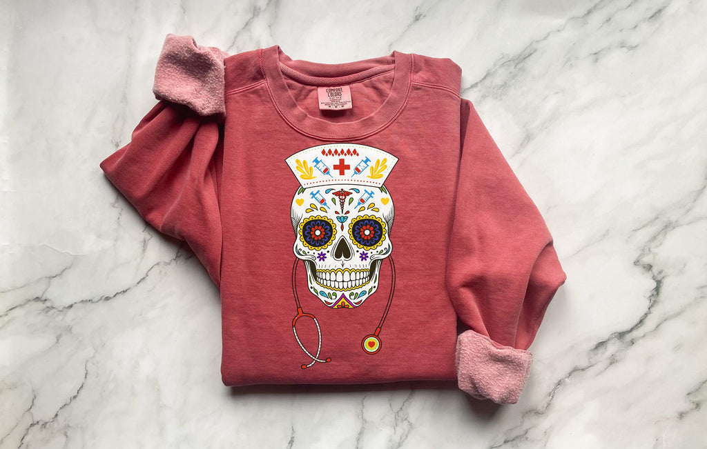 Halloween Nurse Skull Sweatshirt, Spooky RN Day of the Dead Top, Gothic Medical Fall Pullover, Retro Skeleton Apparel, Gift for Nurse