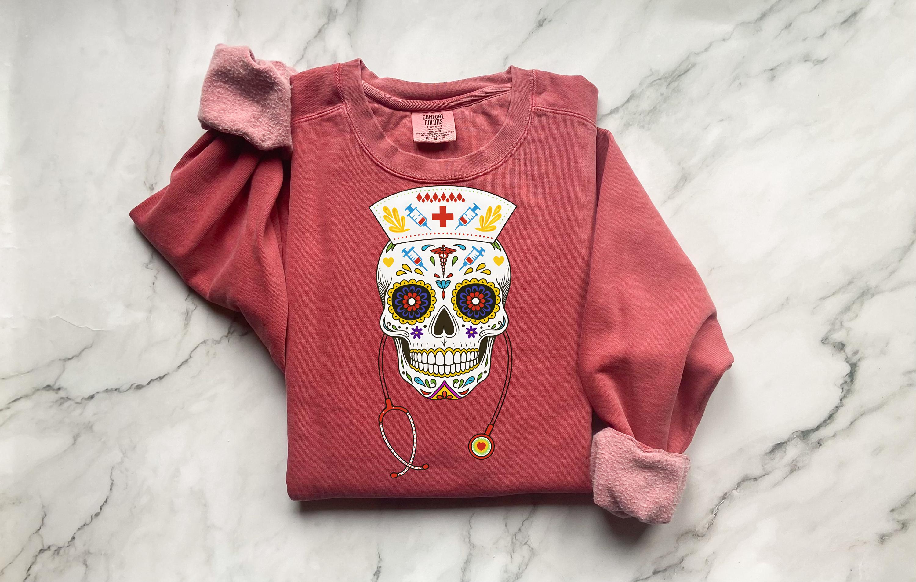 Halloween Nurse Skull Sweatshirt, Spooky RN Day of the Dead Top, Gothic Medical Fall Pullover, Retro Skeleton Apparel, Gift for Nurse