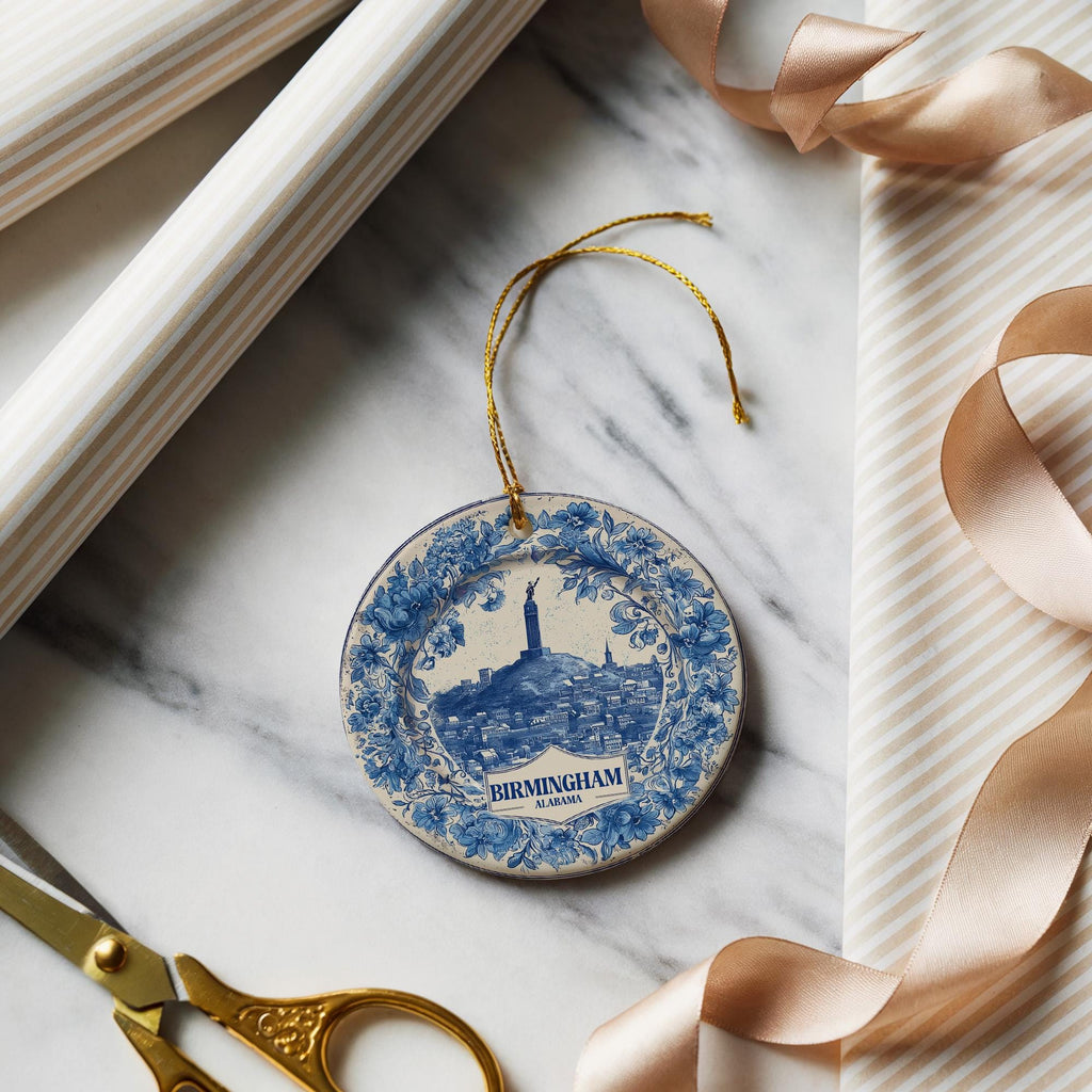 Custom Birmingham Alabama Ceramic Delft Ornament, Christmas Delftware Blue Delftware city travel