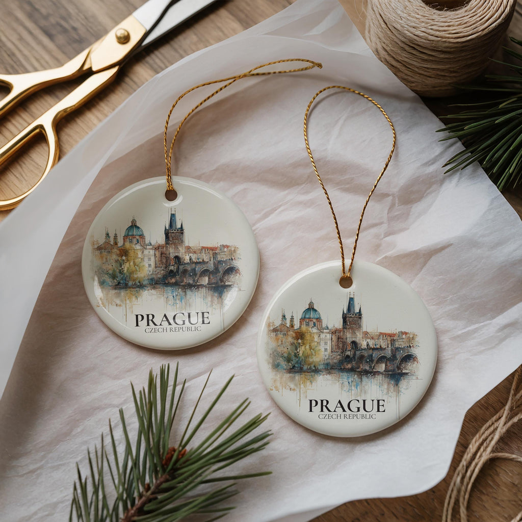 Prague Personalized Watercolor Ornament, Czech Republic Custom Ceramic Christmas gift, Travel Keepsake