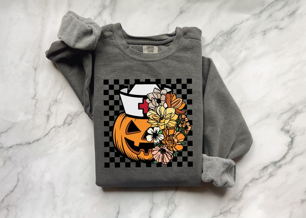 Floral Scary pumpkin, Halloween Nurse Sweatshirt, Spooky RN Fall Top, Funny Apparel, Cozy Autumn Pullover, Cute Retro Gift for Nurse