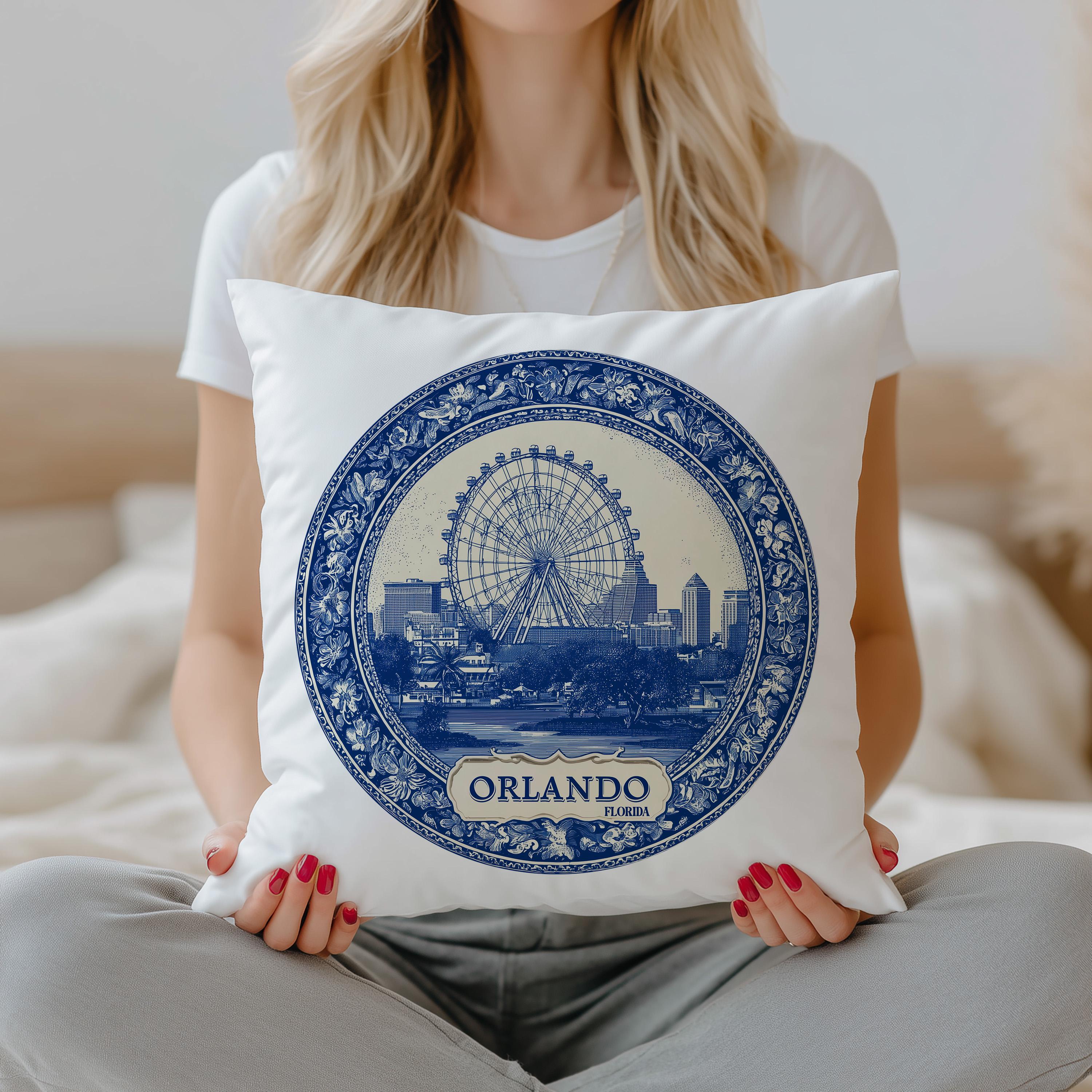 Orlando Florida Pillowcase, Delft Style Decorative Throw Pillow, Vintage Cityscape Retro Home Decor