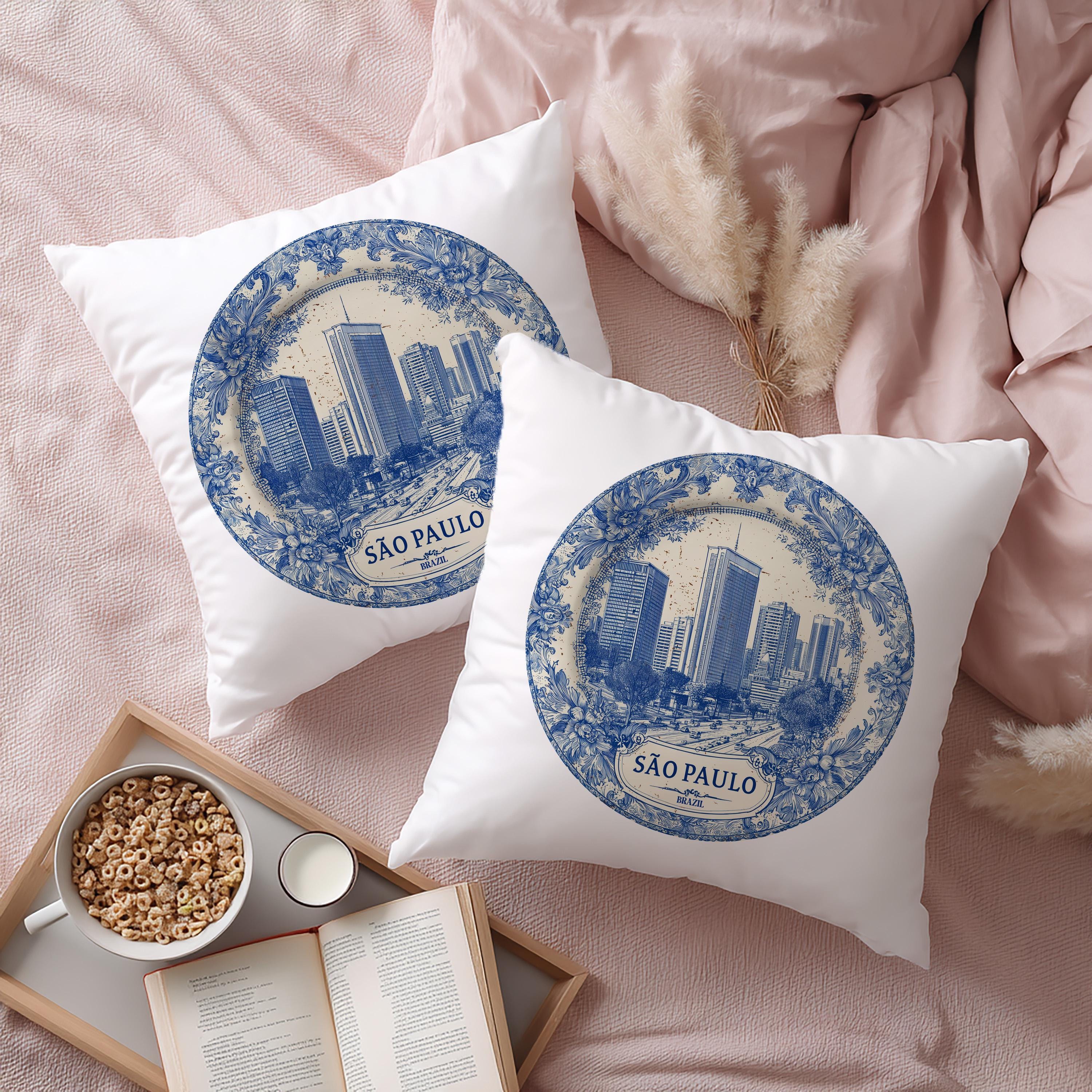 Sao Paulo Brazil Pillowcase, Delft Style Decorative Throw Pillow, Vintage Cityscape Retro Home Decor