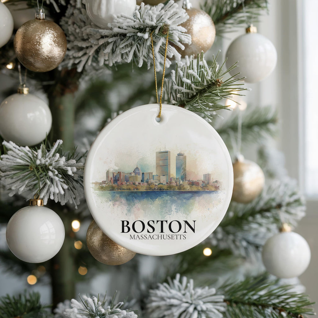 Boston Massachusetts Personalized Watercolor Ornament, Custom Ceramic Christmas gift, Travel Keepsake