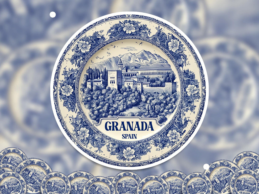 Granada Spain Sticker Vintage Delft style, Delftware Decal Waterproof Vinyl, Blue City Travel