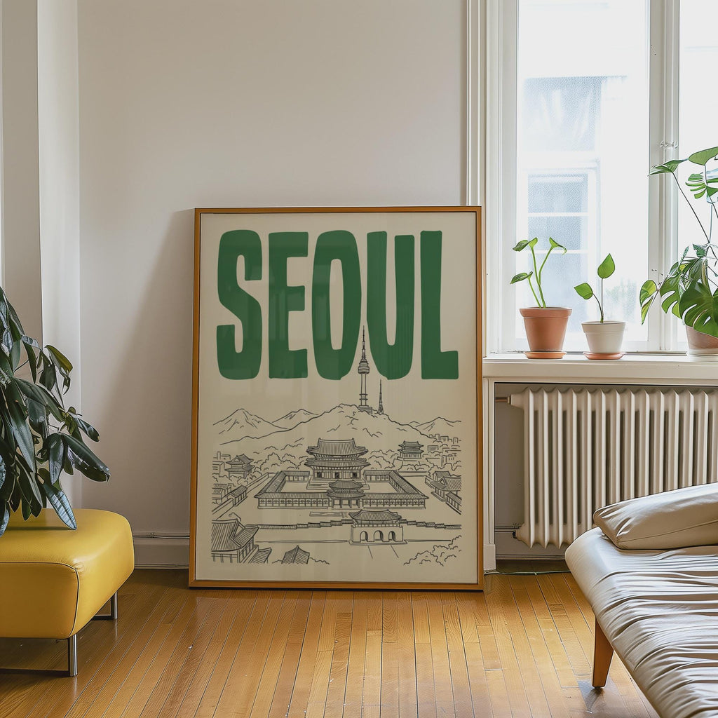 Seoul South Korea Wall Art, Framed Canvas Print, Retro Travel Decor