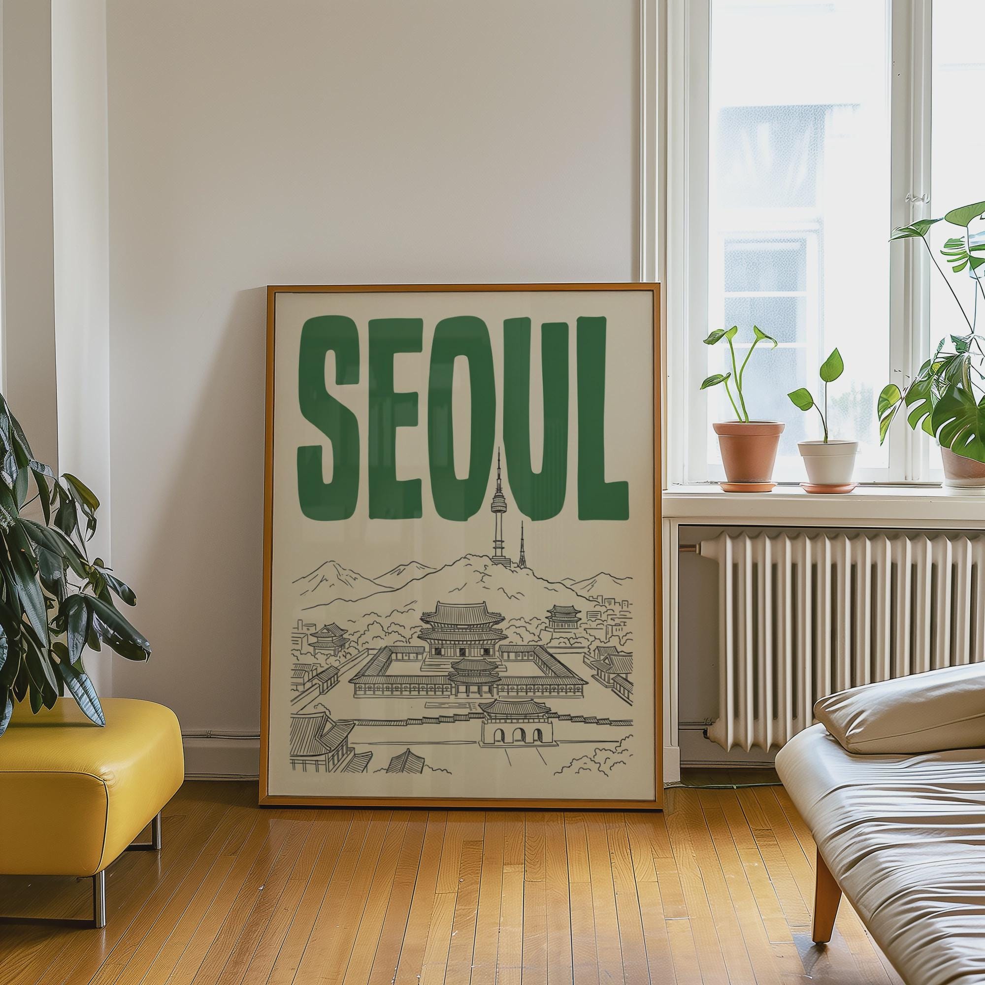 Seoul South Korea Wall Art, Framed Canvas Print, Retro Travel Decor