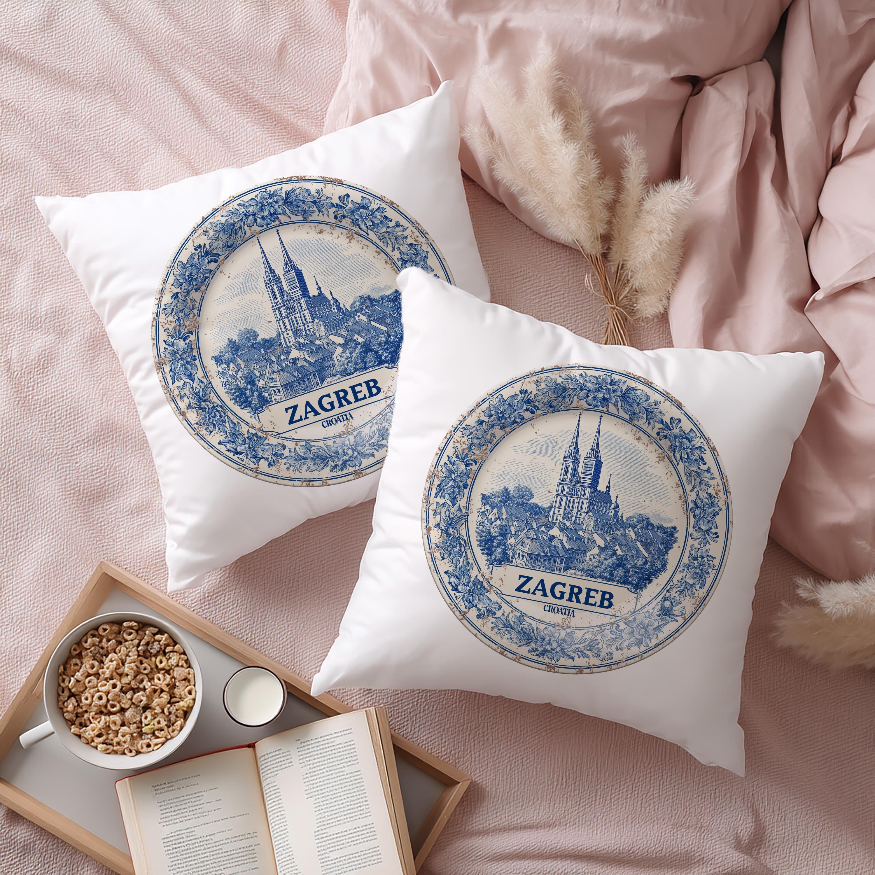 Zagreb Croatia Pillowcase, Delft Style Decorative Throw Pillow, Vintage Cityscape Retro Home Decor
