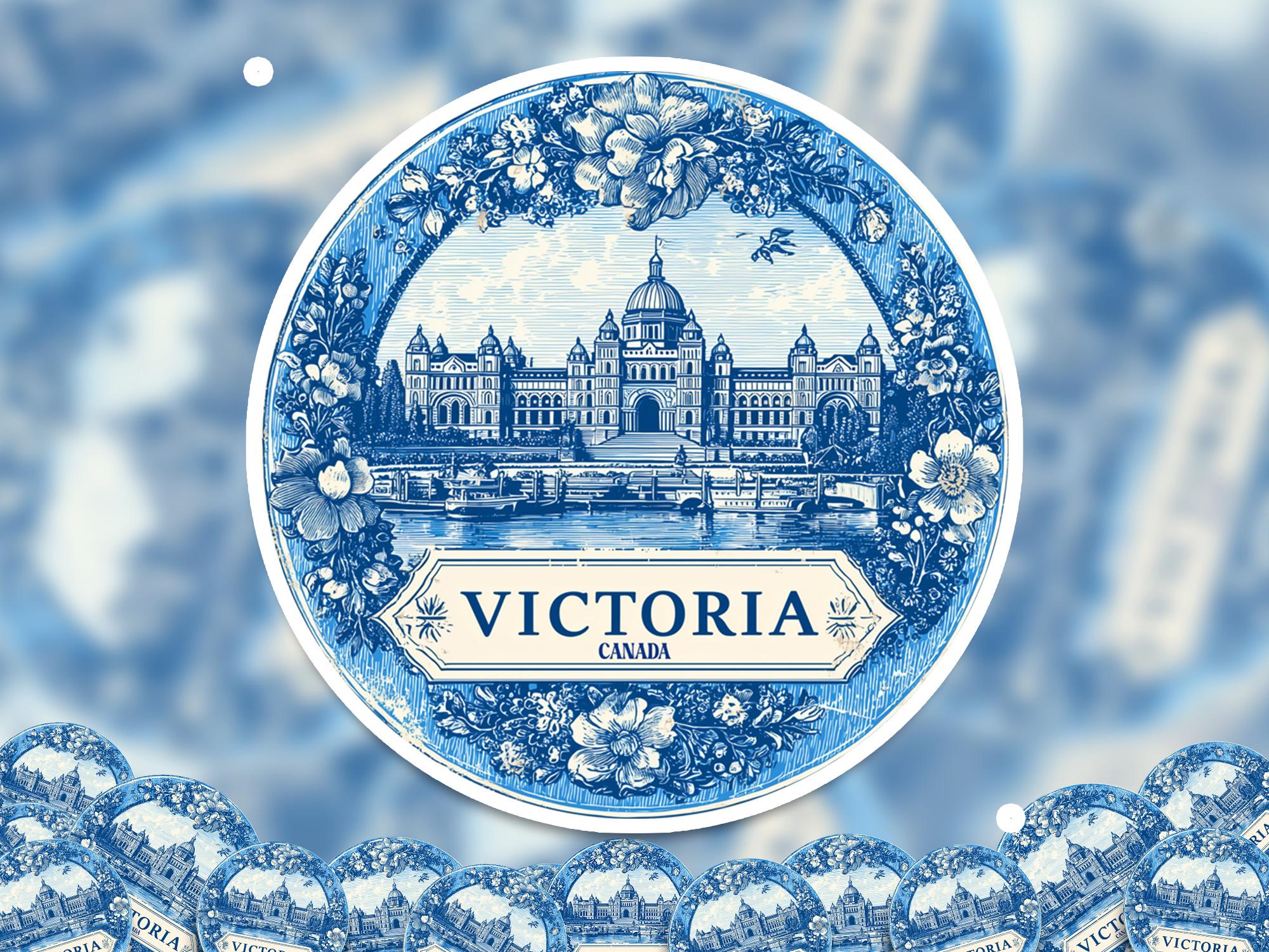 Victoria Canada Sticker Vintage Delft style, Delftware Decal Waterproof Vinyl, Blue City Travel