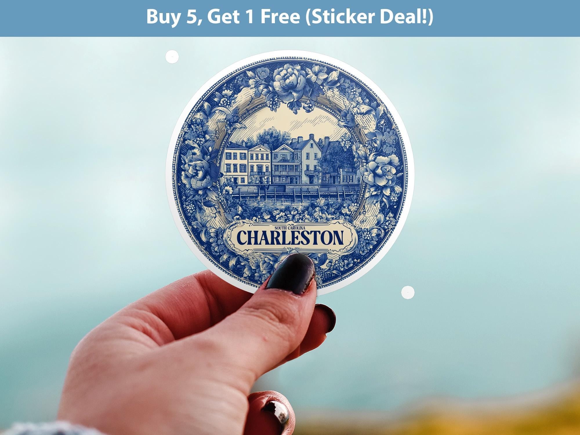 Charleston South Carolina Sticker Vintage Delft style, Delftware Decal Waterproof Vinyl, USA City Travel