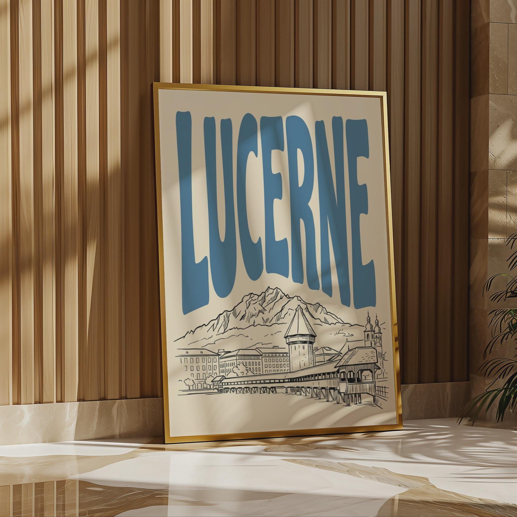 Lucerne Switzerland Wall Art, Framed Canvas Print, Minimalist Travel Decor