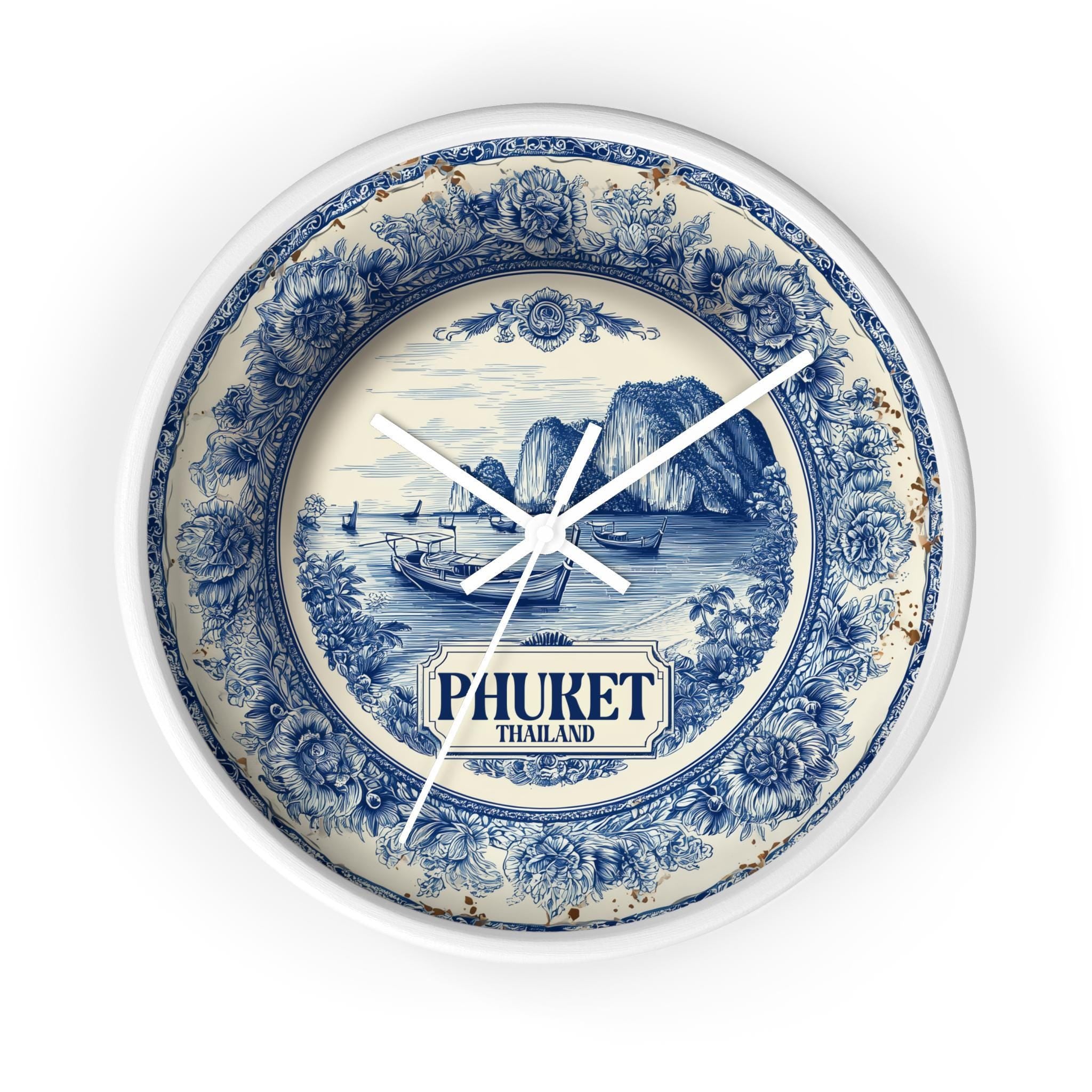 Phuket Thailand Wall Clock, Delf style Home Decor, Vintage City Travel Keepsake Art