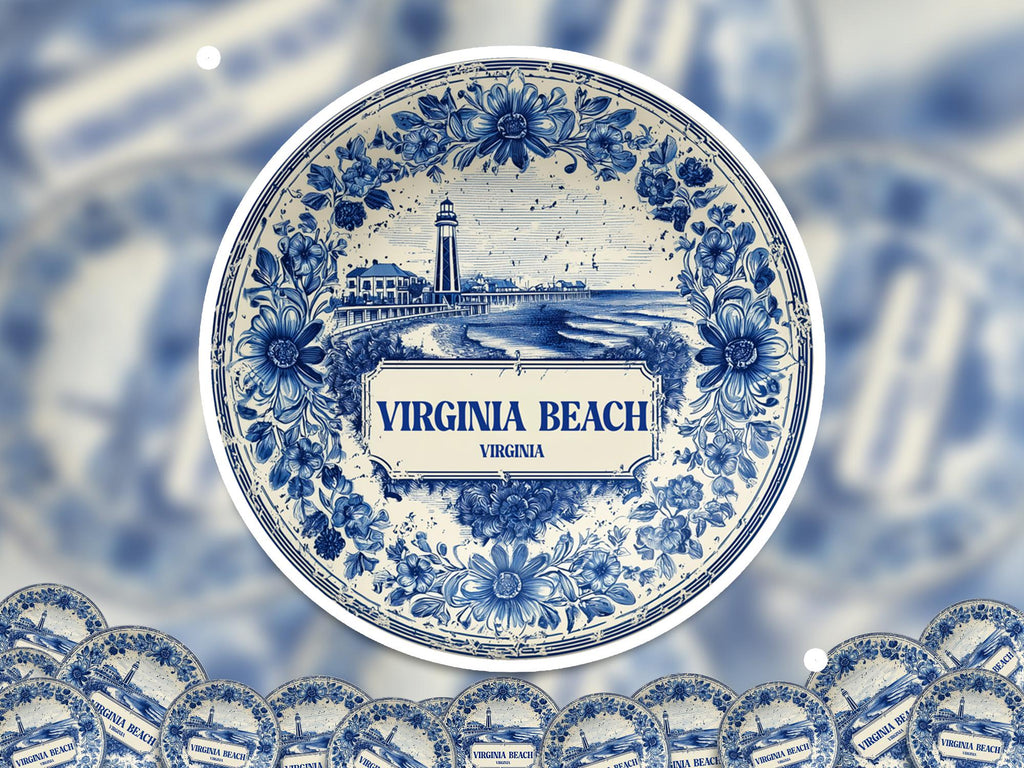 Virginia Beach Virginia Sticker Vintage Delft style, Delftware Decal Waterproof Vinyl, Blue City Travel