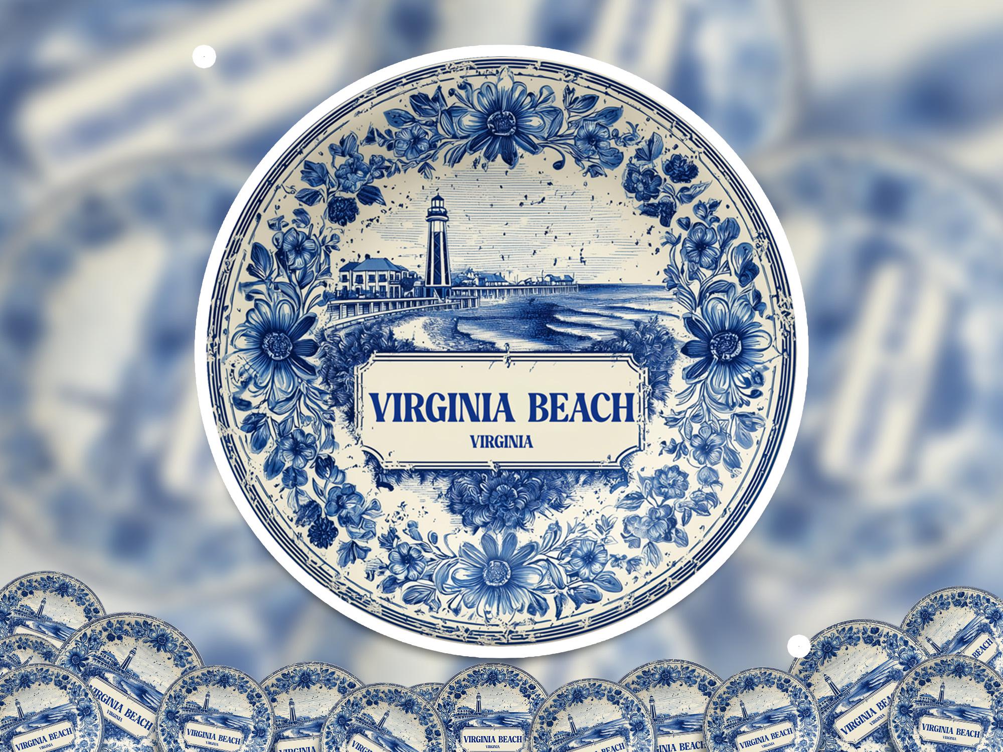 Virginia Beach Virginia Sticker Vintage Delft style, Delftware Decal Waterproof Vinyl, Blue City Travel