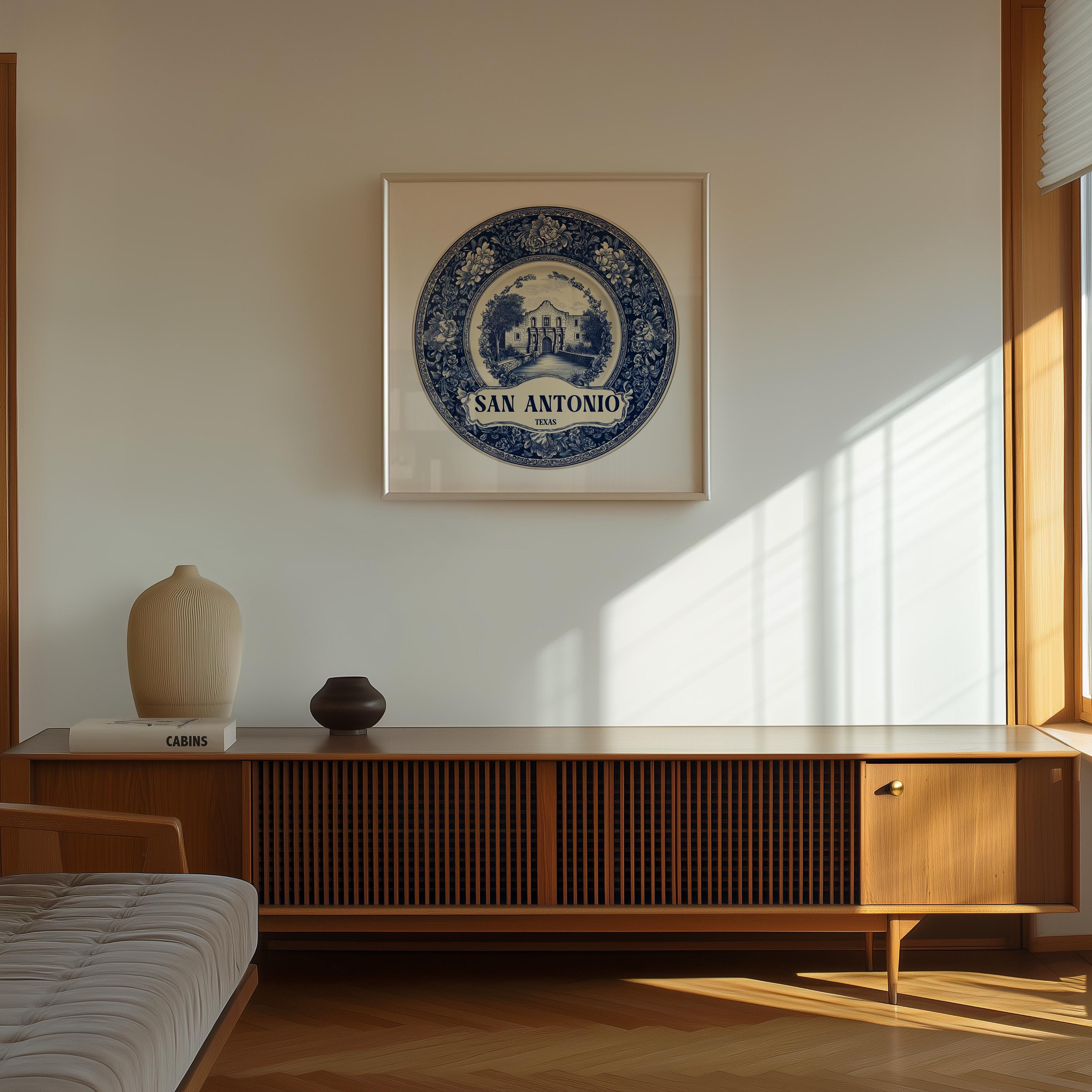 San Antonio Texas Wall Art, Vintage Delft Blue Poster, City Print, Travel Home Decor