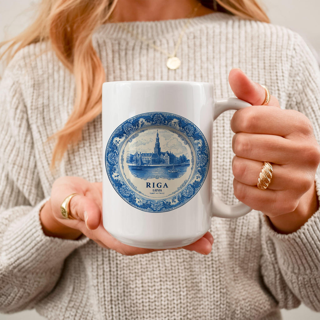 Riga Latvia Mug, Custom Delft Style cup, Personalized Vintage Travel City Gift