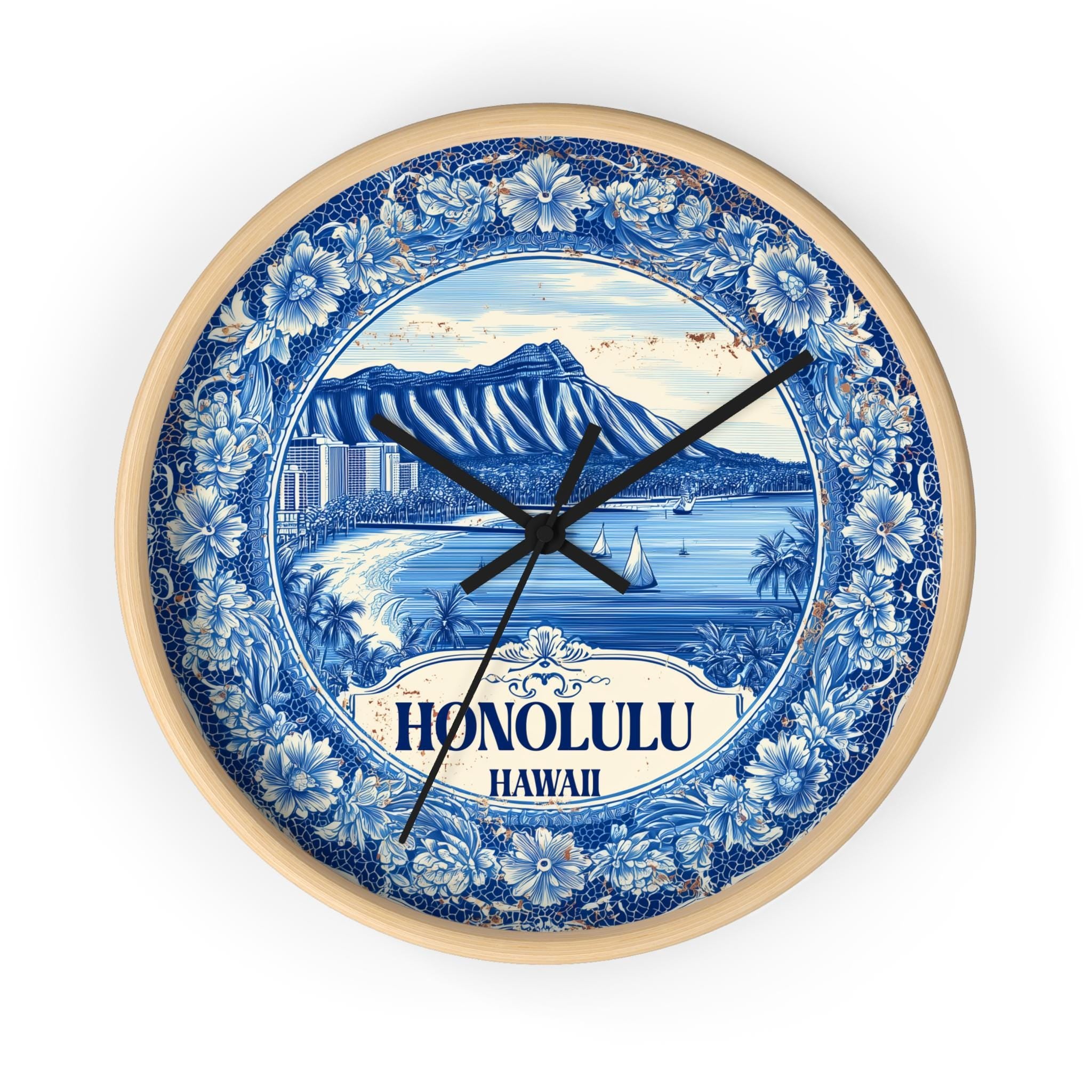 Honolulu Hawaii Wall Clock, Delf style Home Decor, Vintage City Travel Keepsake Art