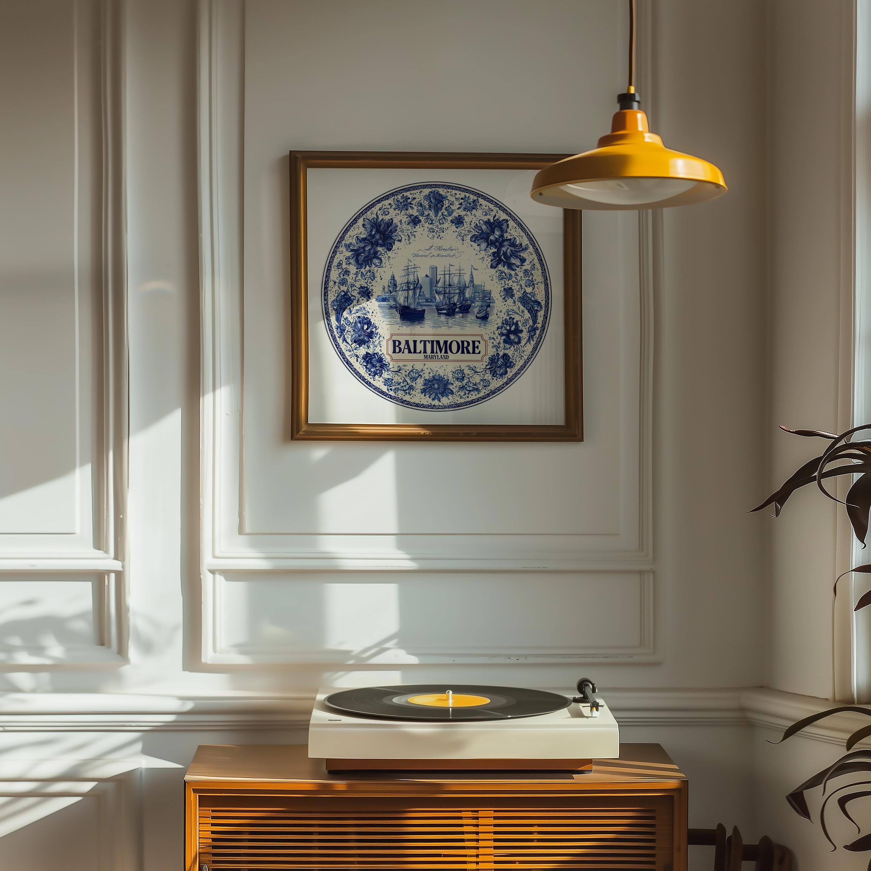 Baltimore Maryland Wall Art, Vintage Delft Blue Poster, City Print, Travel Home Decor