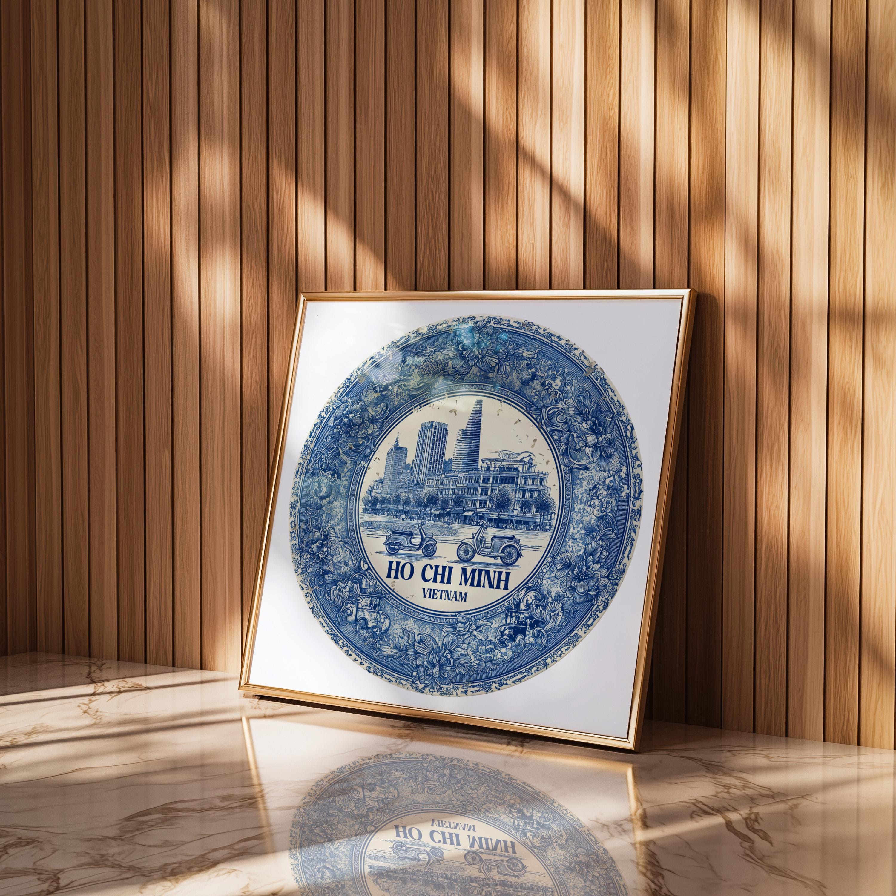 Ho Chi Minh City Vietnam Wall Art, Vintage Delft Blue Poster, City Print, Travel Home Decor
