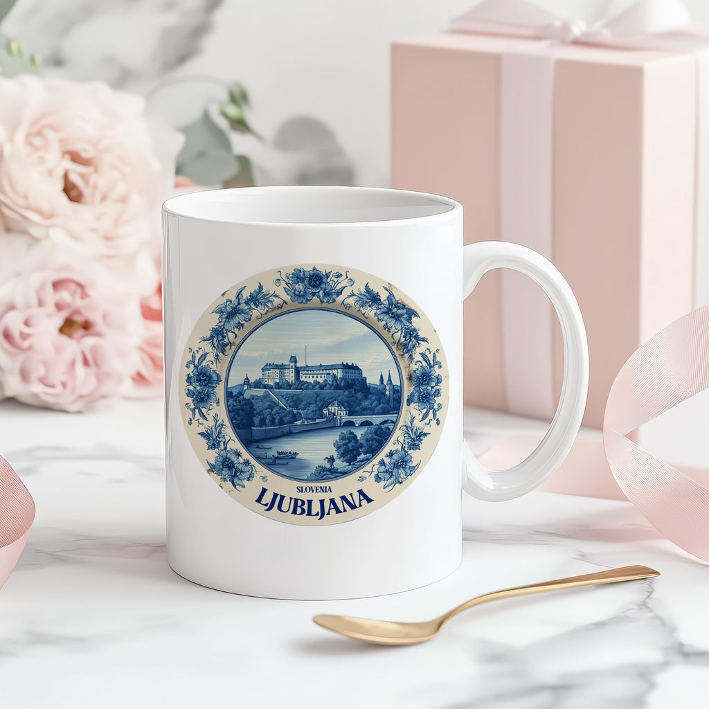 Ljubljana Slovenia Mug, Custom Delft Style cup, Personalized Vintage Travel City Gift