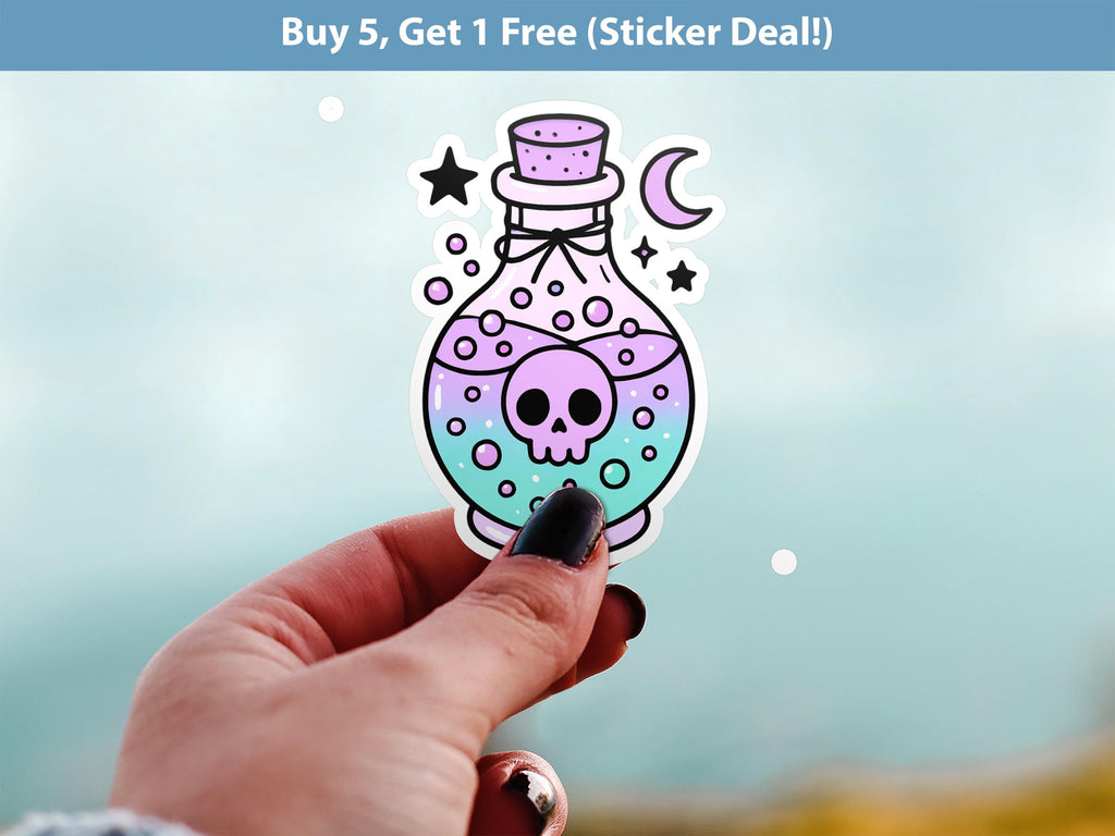 Celestial Potion Sticker, Kawaii Cute Halloween Moon Witch Bottle Decal, Pastel Gothic Vinyl