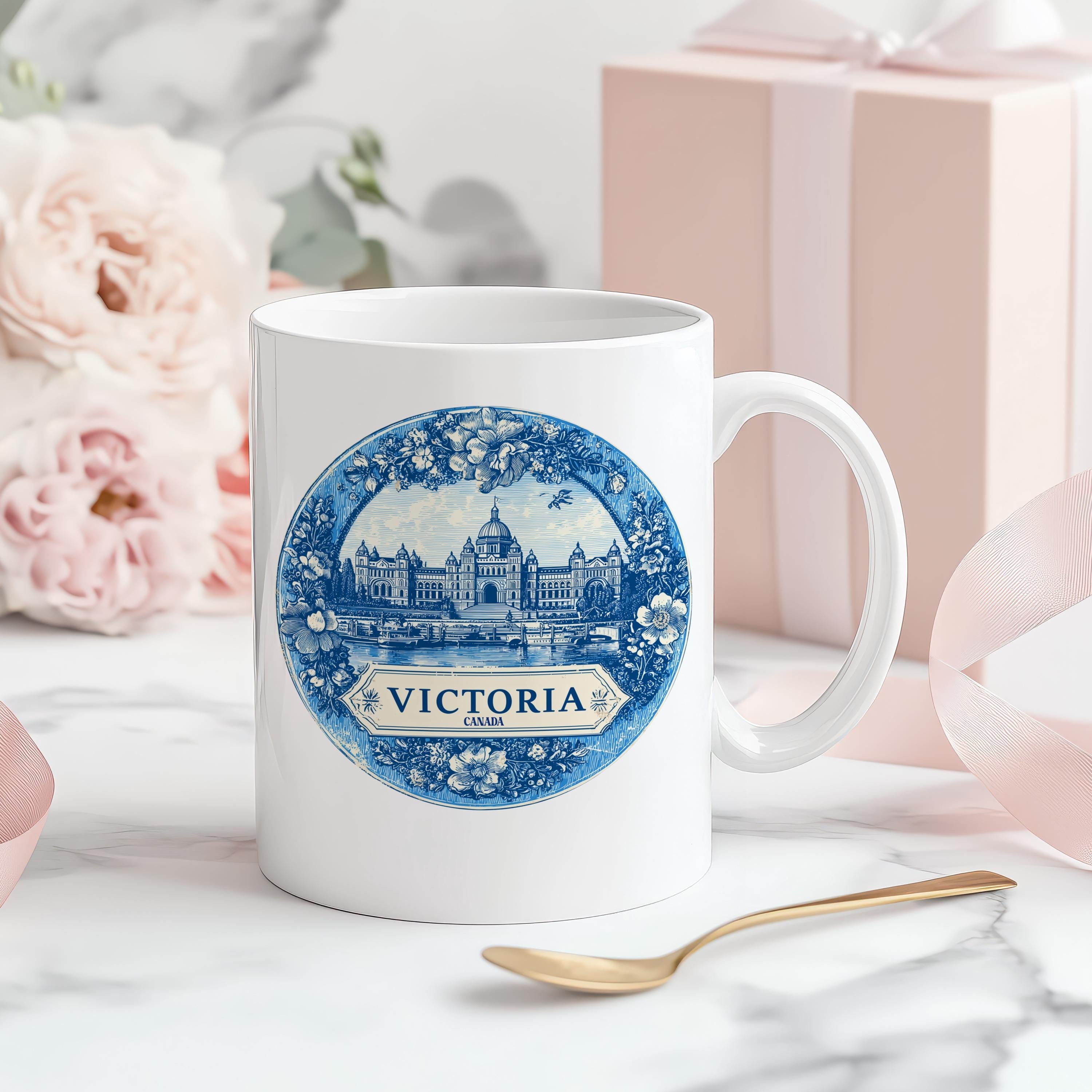 Victoria Canada Mug, Custom Delft Style cup, Personalized Vintage Travel City Gift