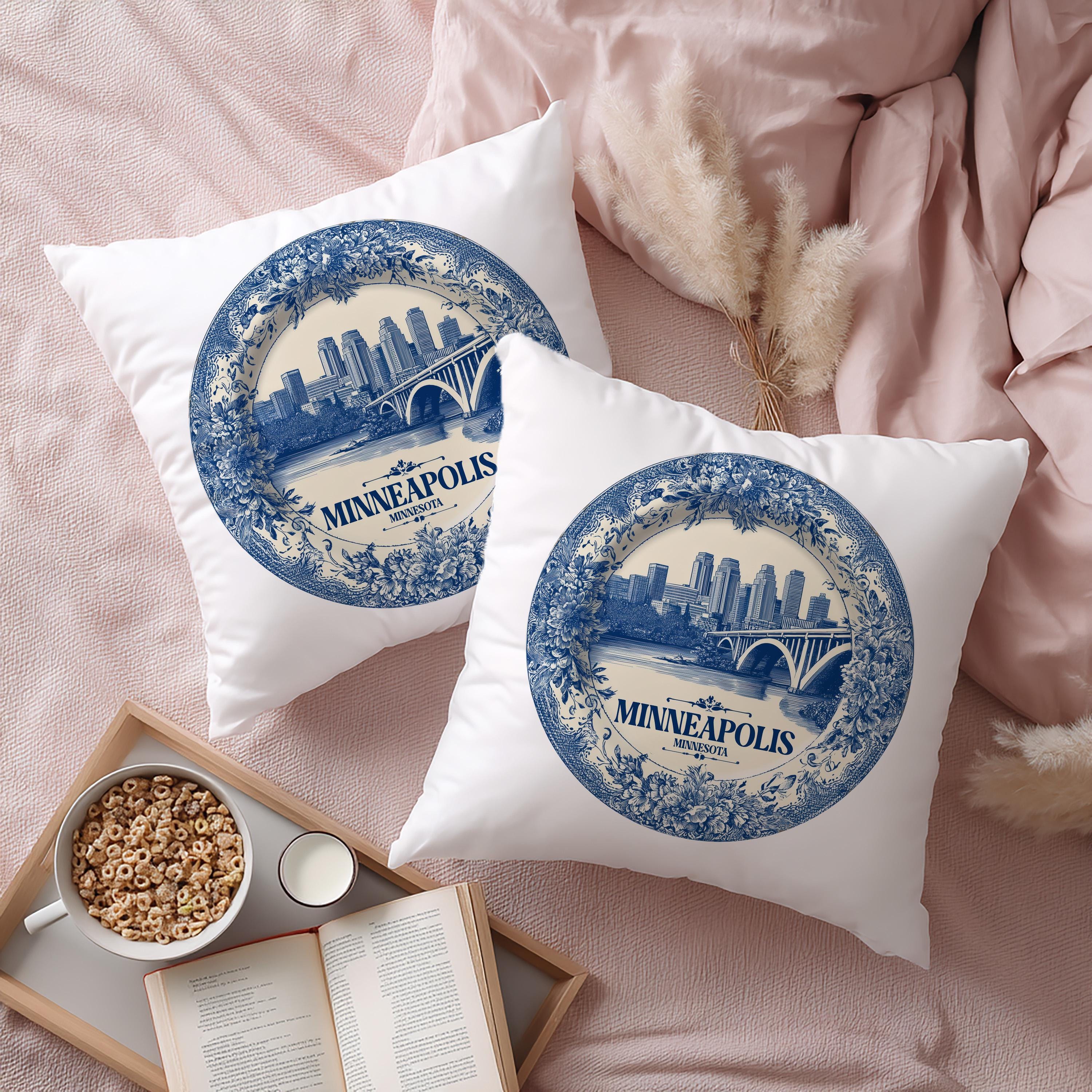 Minneapolis Minnesota Pillowcase, Delft Style Decorative Throw Pillow, Vintage Cityscape Retro Home Decor