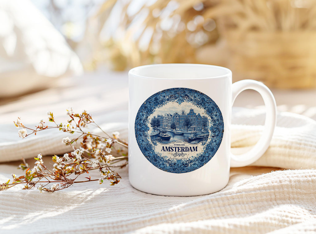 Amsterdam Netherlands Mug, Custom Delft Style cup, Personalized Vintage Travel City Gift
