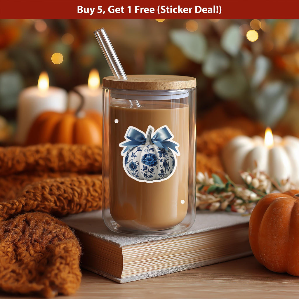 Delftware Pumpkin Sticker: Blue & White Vintage Halloween Decal