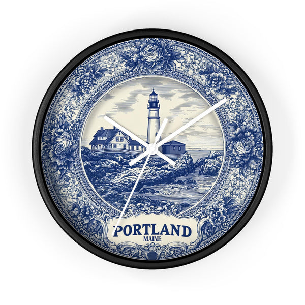 Portland Maine Wall Clock, Delft style Home Decor, Vintage City Travel Keepsake Art