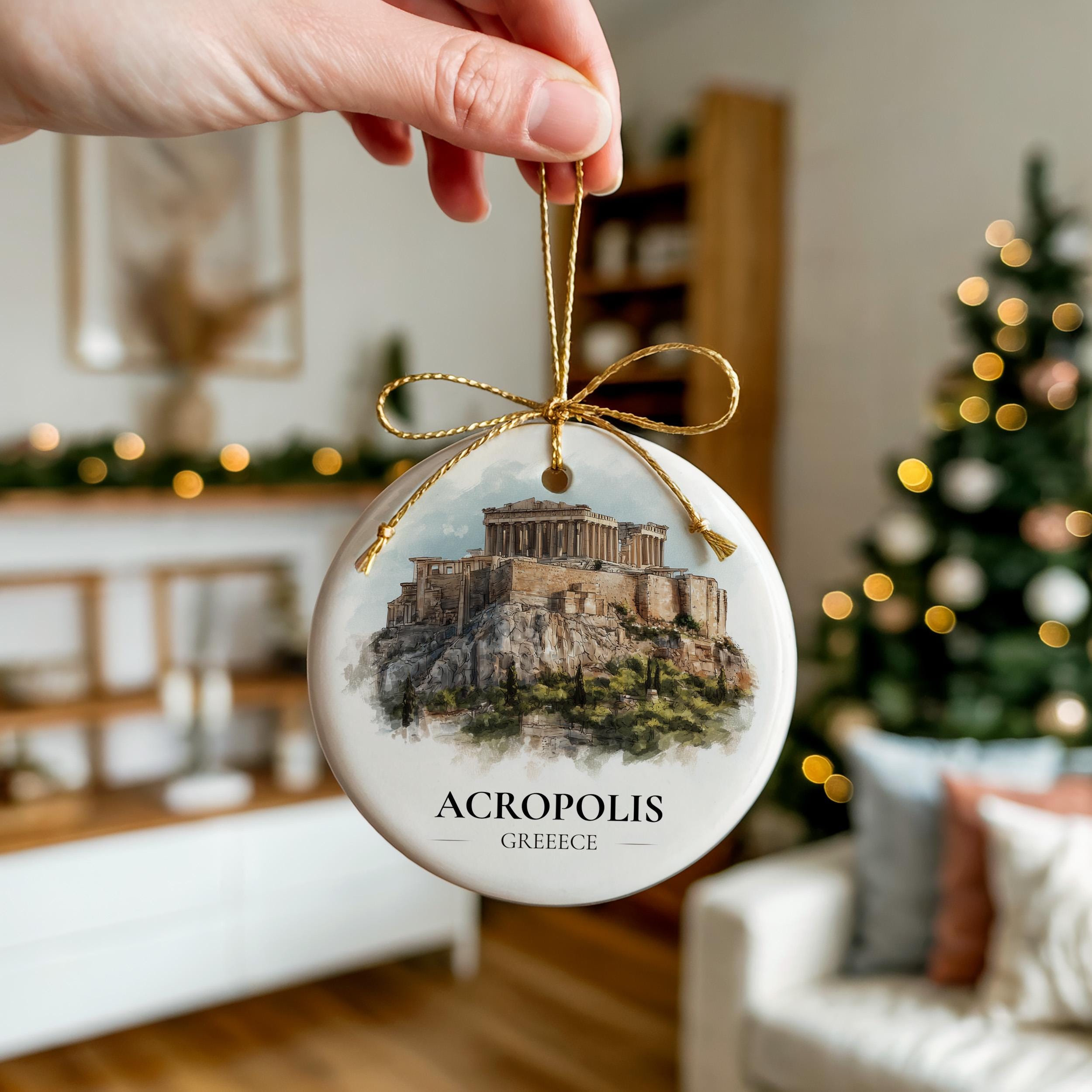 Acropolis Greece Personalized Watercolor Ornament, Custom Ceramic Christmas gift, Travel Keepsake