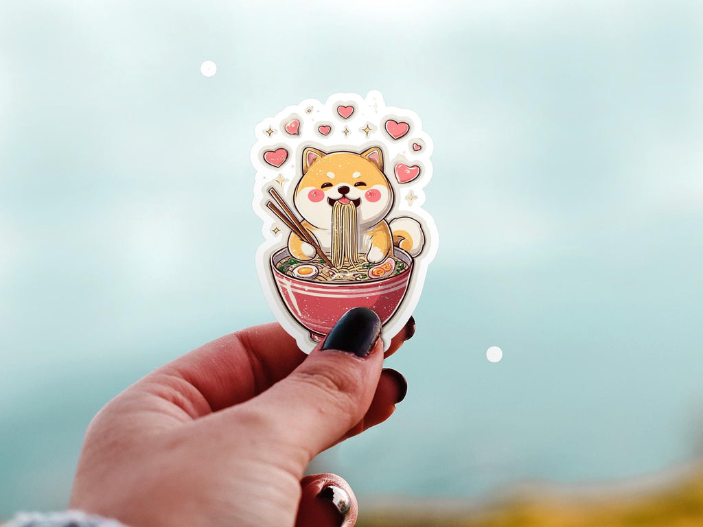 shiba eats ramen cute kawaii Sticker, Kiss-Cut Vinyl Decals, Waterproof Stickers for Laptop & Tumbler, Cute Vinyl Decal Stickers