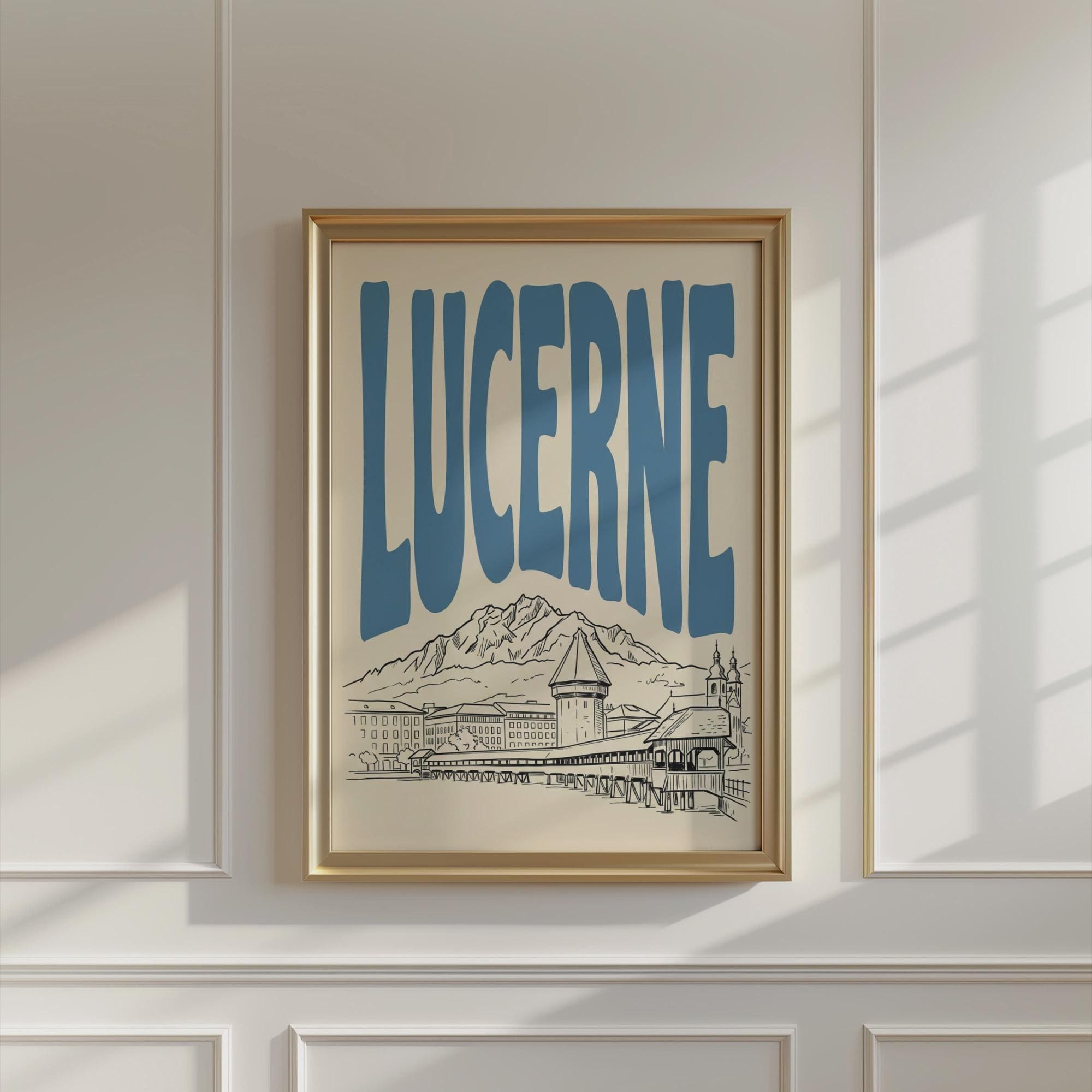 Lucerne Switzerland Wall Art, Framed Canvas Print, Minimalist Travel Decor