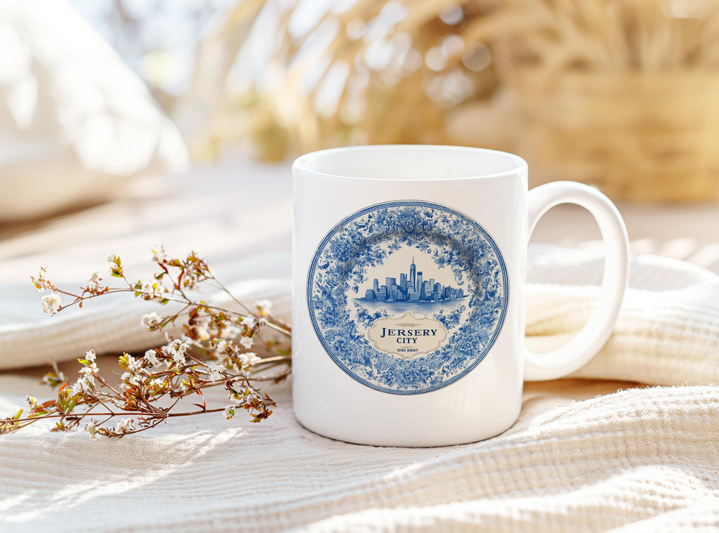 Jersey City New Jersey Mug, Custom Delft Style cup, Personalized Vintage Travel City Gift