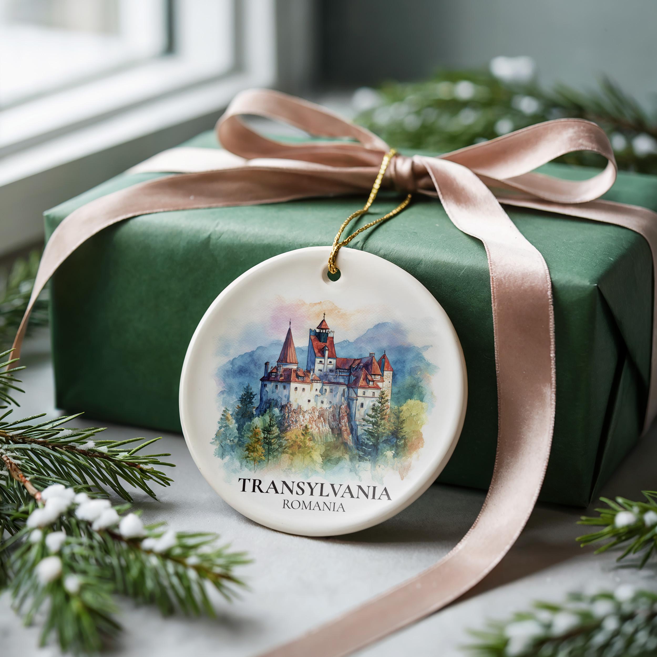 Transylvania Romania Personalized Watercolor Ornament, Custom Ceramic Christmas gift, Travel Keepsake