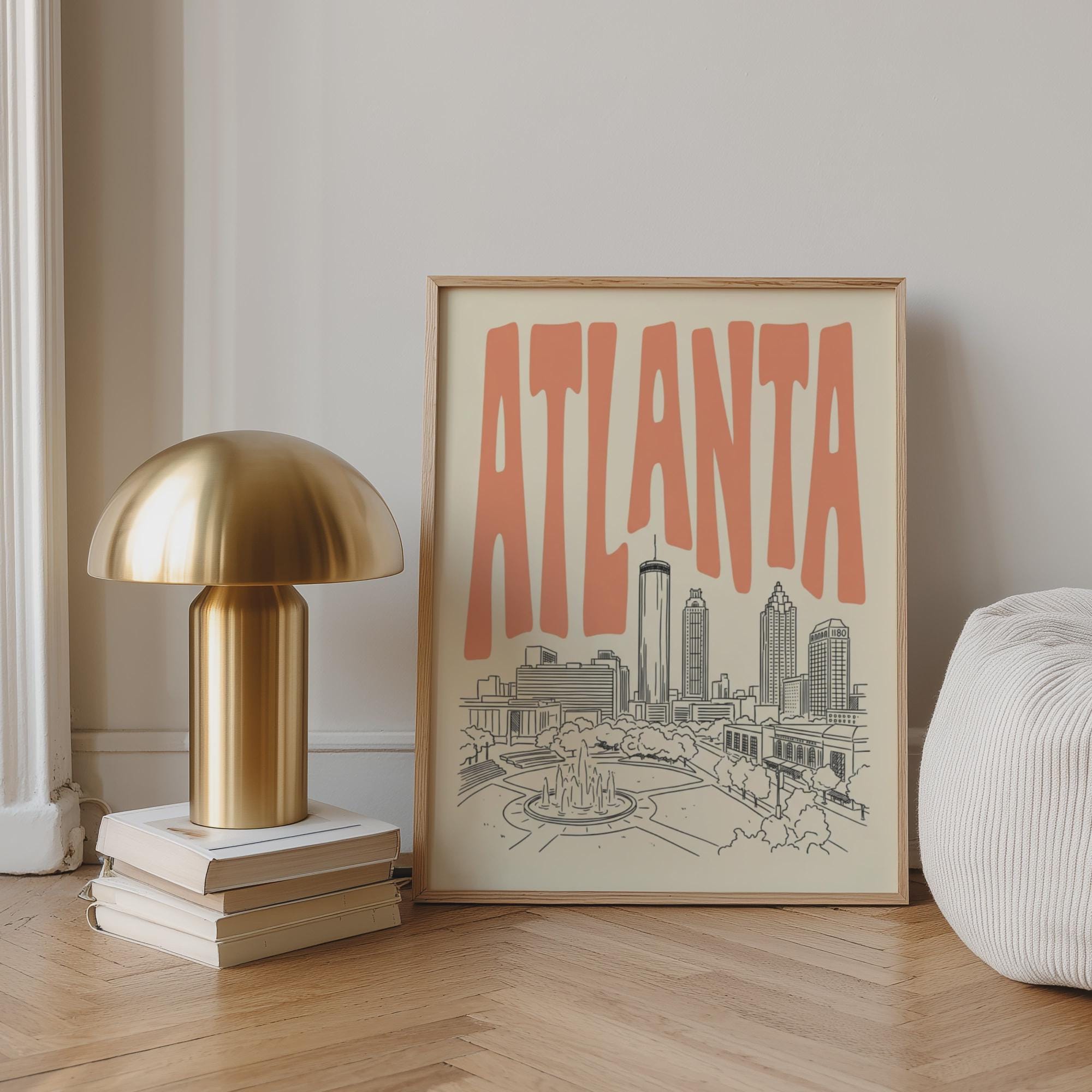 Atlanta Skyline Wall Art, Framed Canvas Print, Retro City Line Art Decor