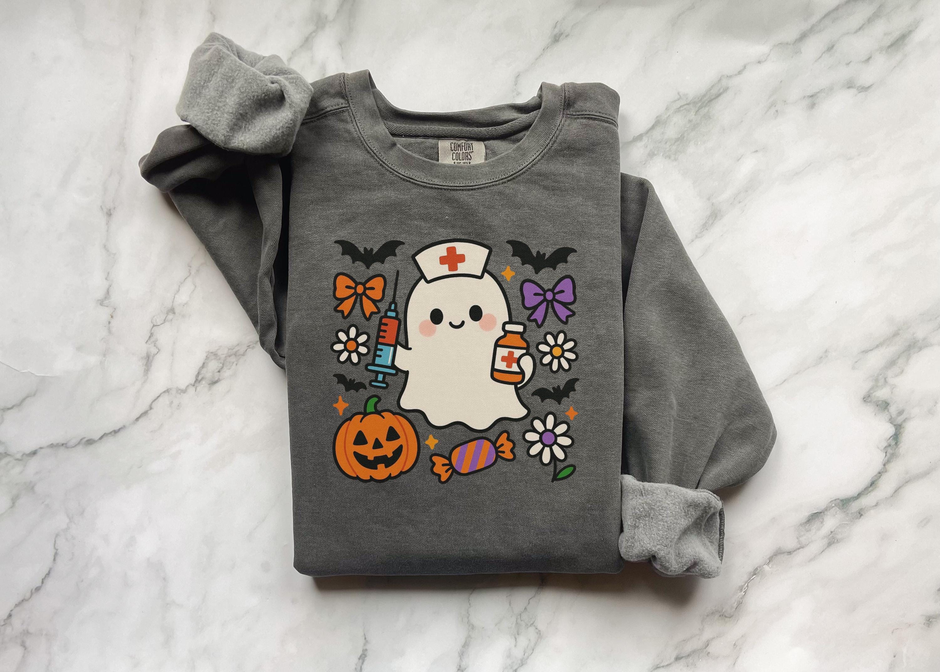 Kawaii Ghost Nurse Halloween Shirt, Cute Fall Nurse Sweatshirt, Night Shift RN Top, Comfort Colors Halloween Gift for Nurse