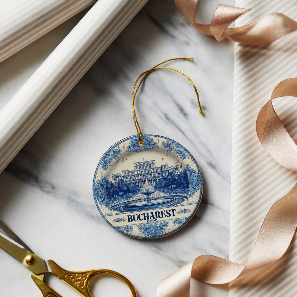 Custom Bucharest Romania Ceramic Delft Ornament, Christmas Delftware Blue Delftware city travel