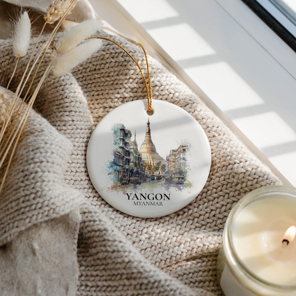 Yangon Myanmar Personalized Watercolor Ornament, Custom Ceramic Christmas gift, Travel Keepsake