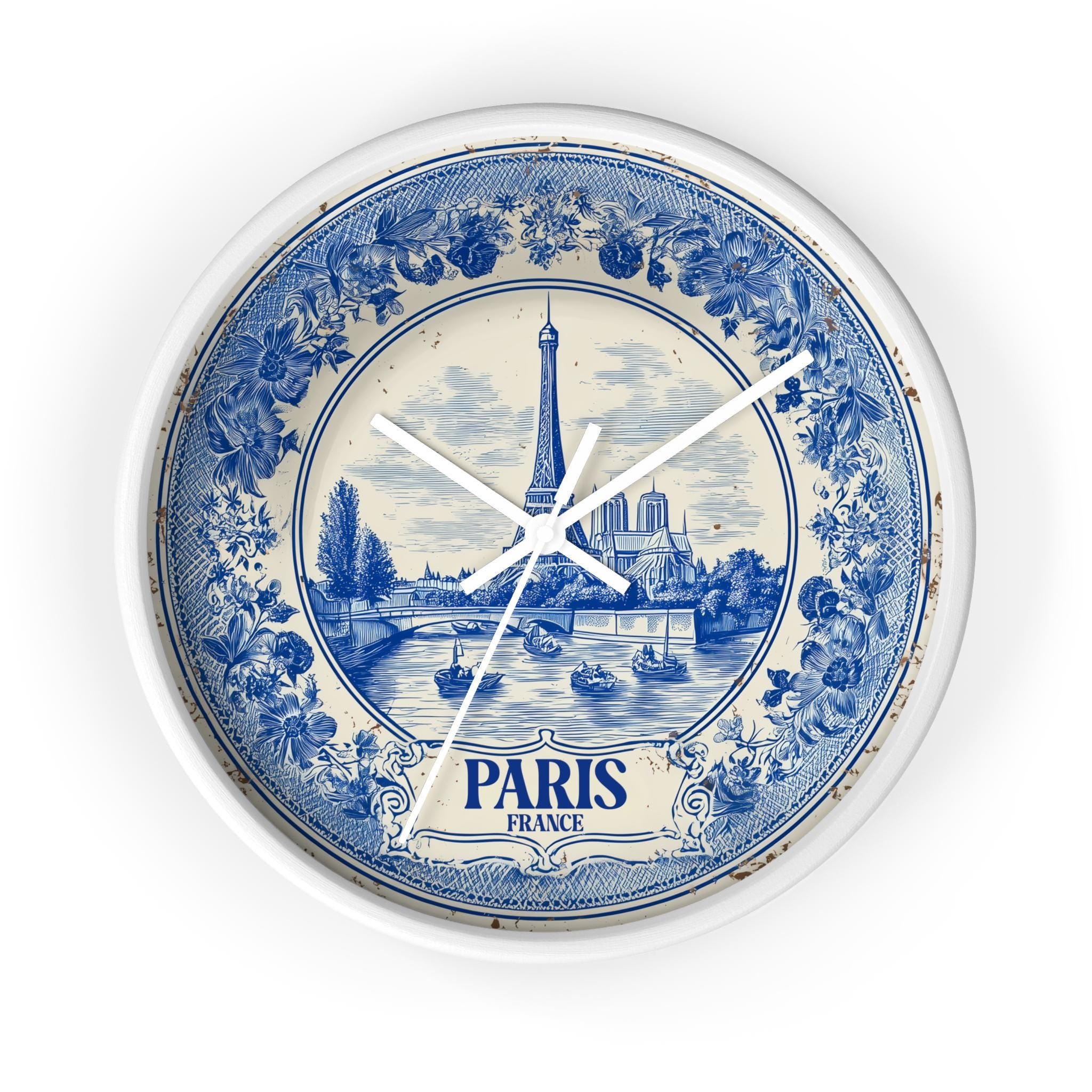 Paris France Wall Clock, Delf style Home Decor, Vintage City Travel Keepsake Art