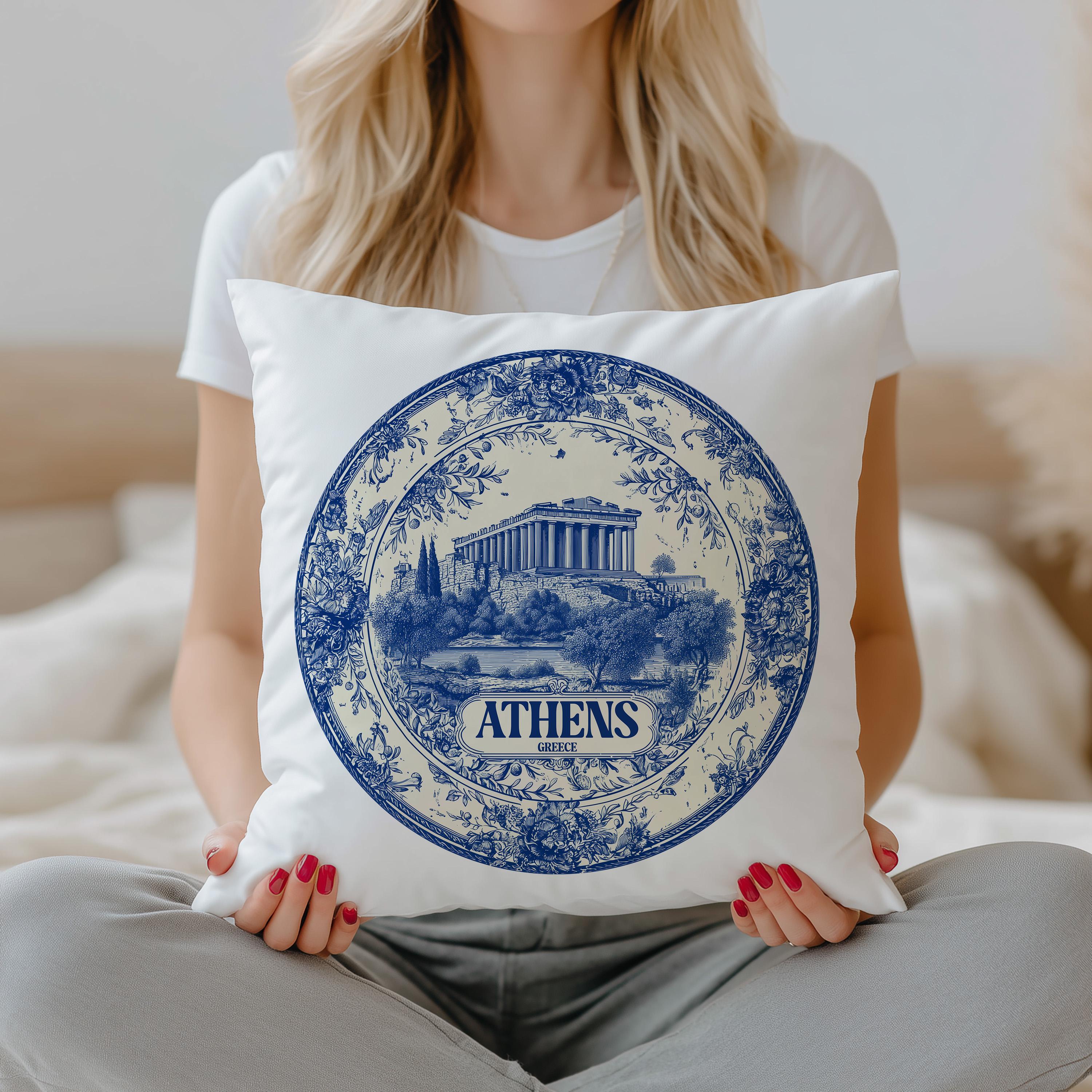 Athens Greece Pillowcase, Delft Style Decorative Throw Pillow, Vintage Cityscape Retro Home Decor