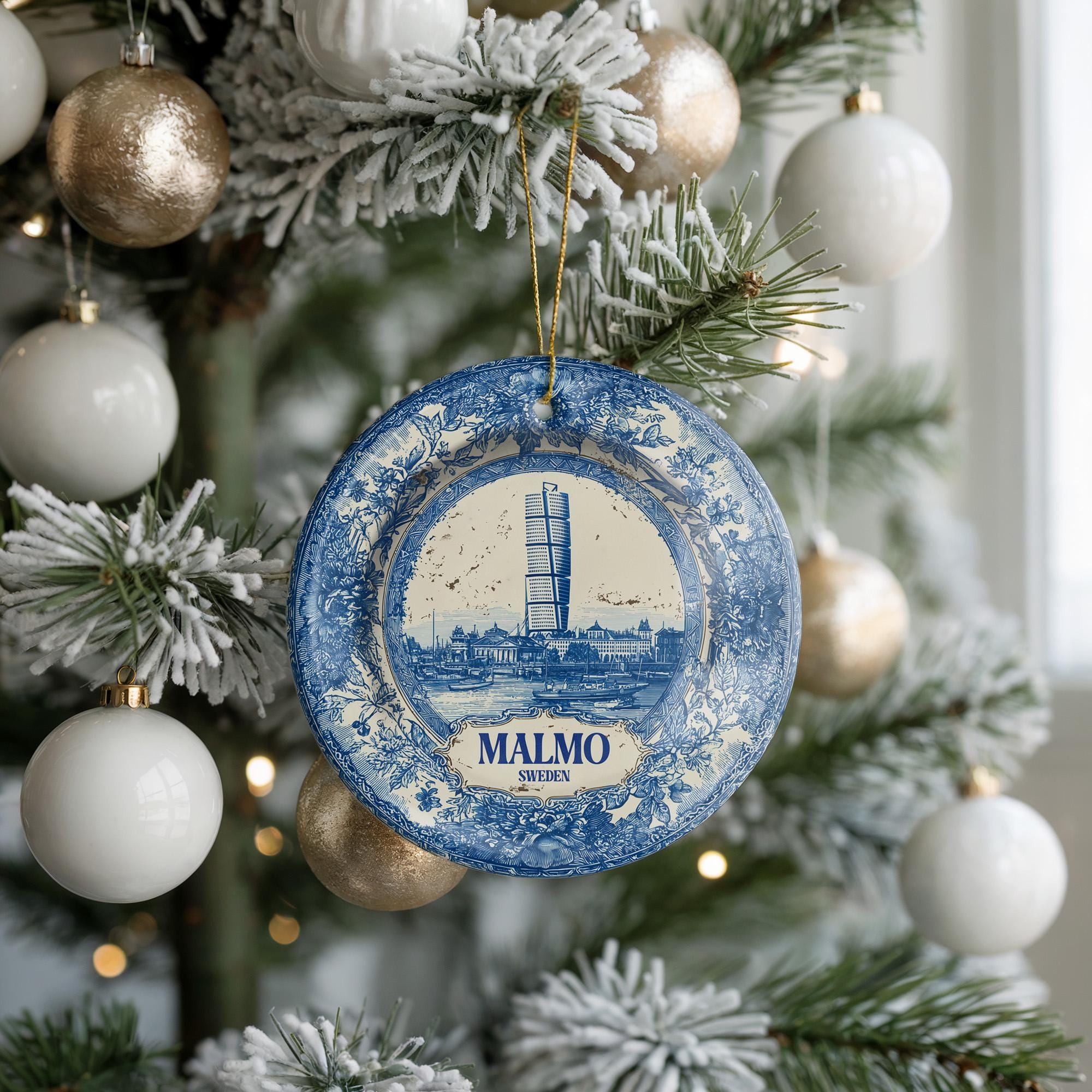 Custom Malmo Sweden Ceramic Delft Ornament, Christmas Delftware Blue Delftware city travel