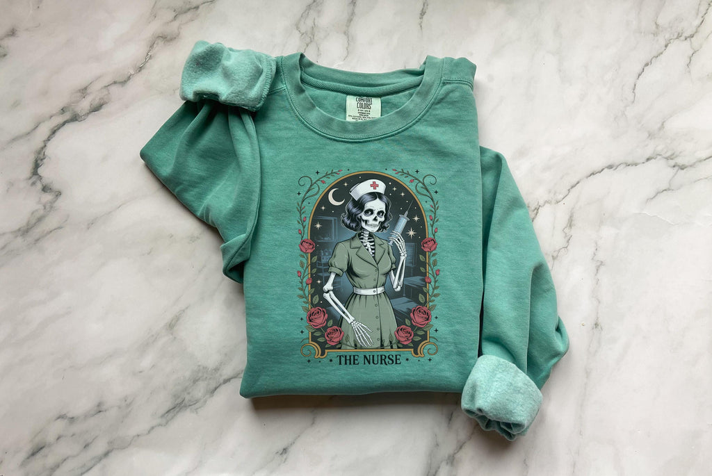Gothic Nurse Halloween Sweatshirt, Spooky Tarot Card Skeleton RN Pullover, Retro Witchy Medical Apparel, Creepy Fall Top, Gift for Nurse