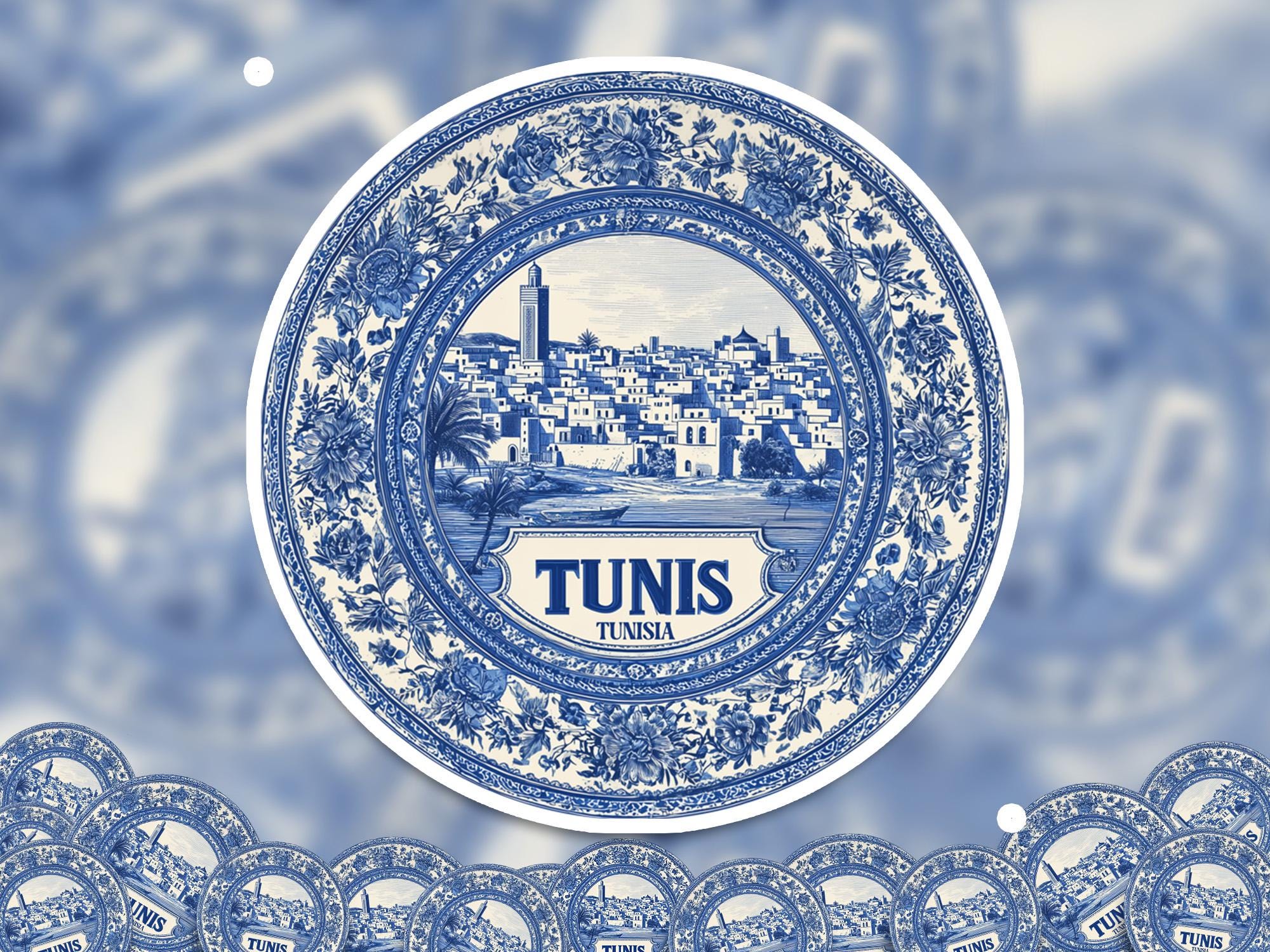 Tunis Tunisia Sticker Vintage Delft style, Delftware Decal Waterproof Vinyl, Blue City Travel