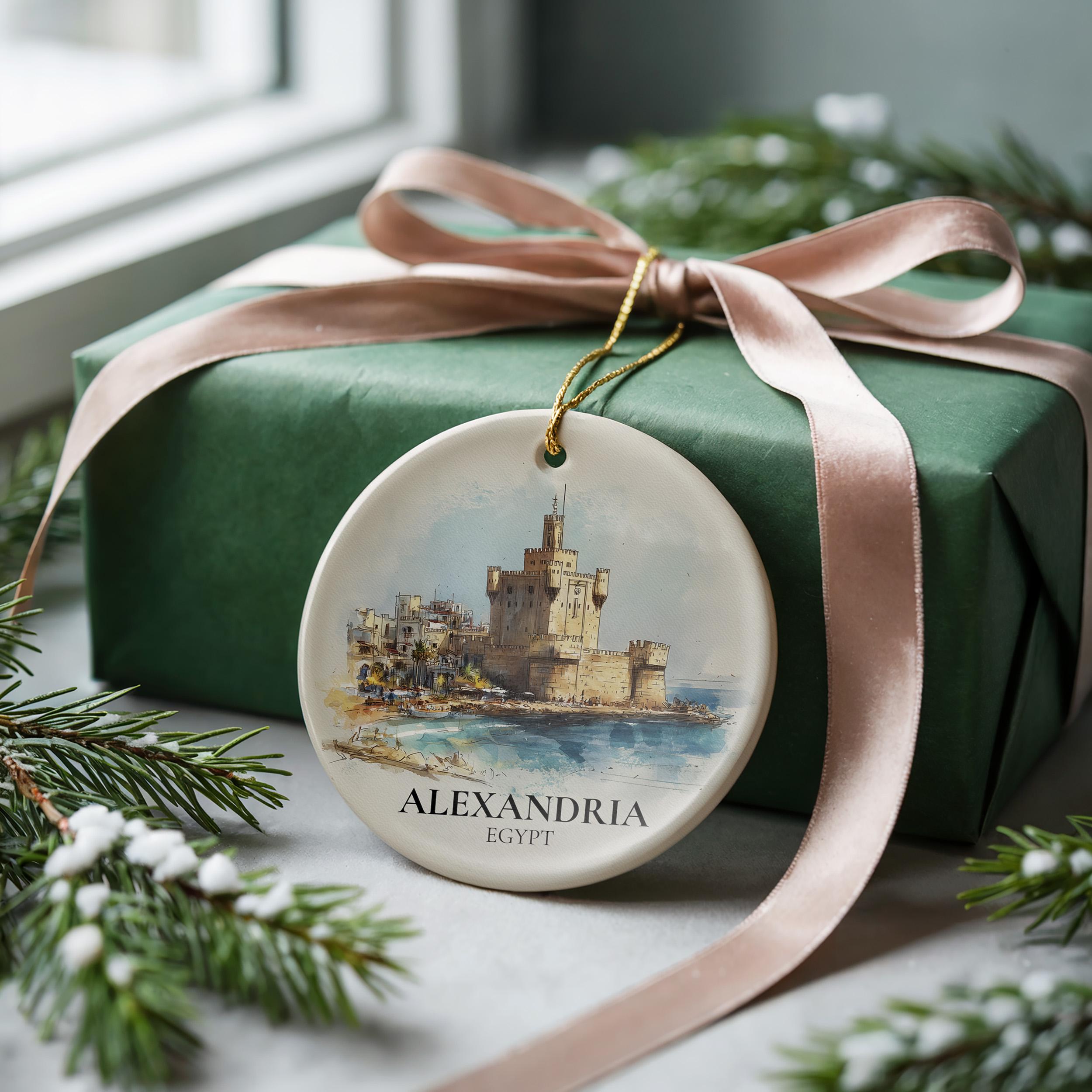 Alexandria Egypt Personalized Watercolor Ornament, Custom Ceramic Christmas gift, Travel Keepsake