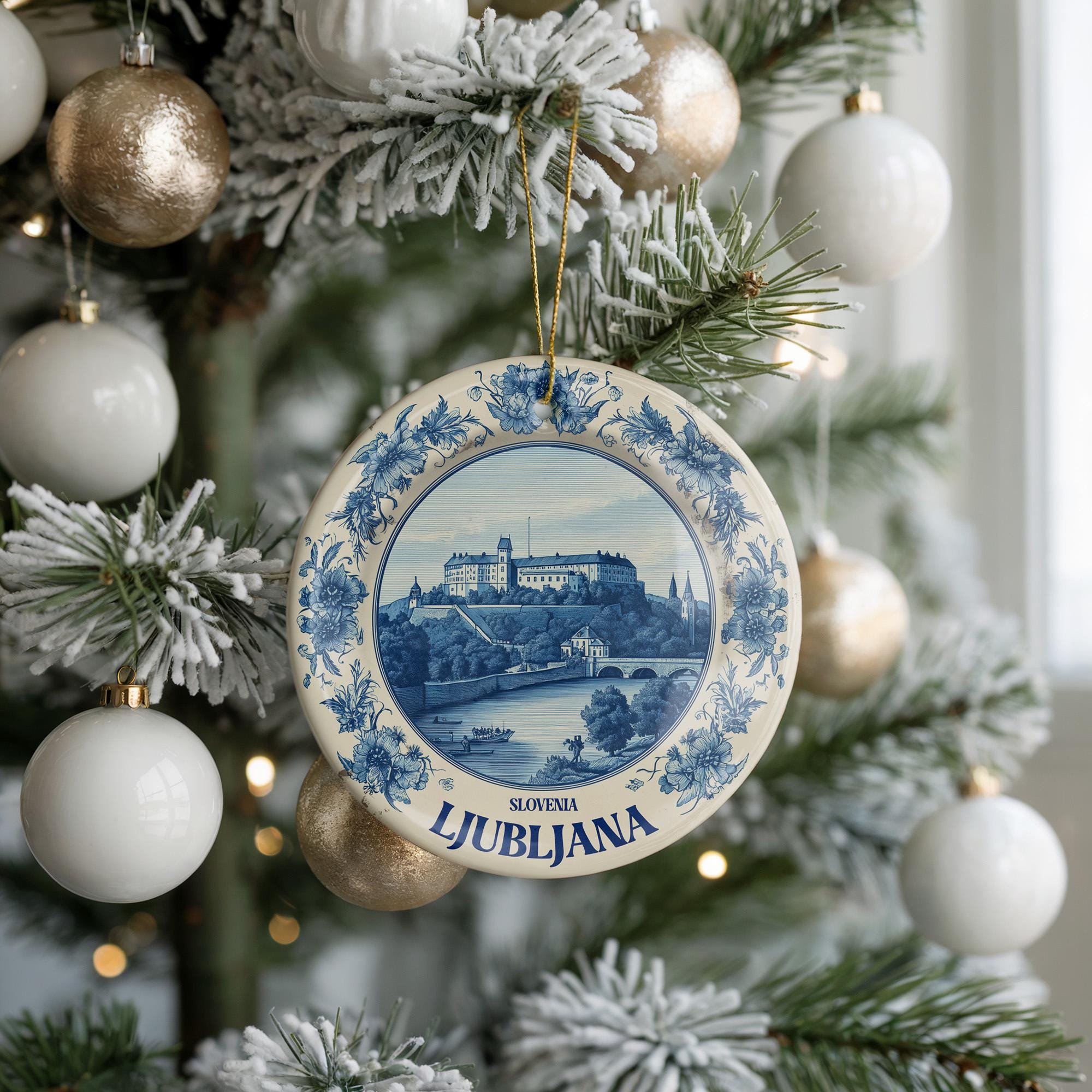 Custom Ljubljana Slovenia Ceramic Delft Ornament, Christmas Delftware Blue Delftware city travel