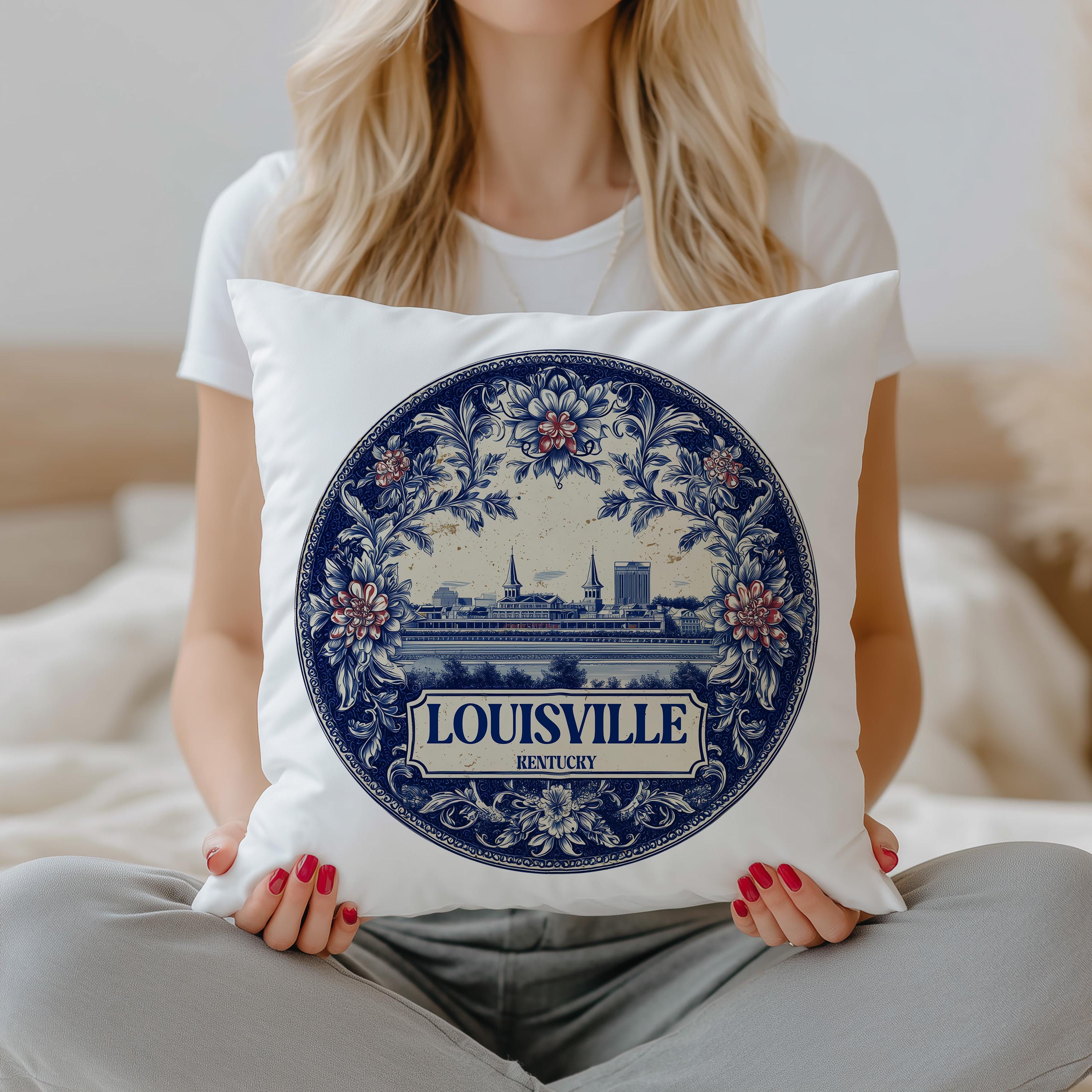 Louisville Kentucky Pillowcase, Delft Style Decorative Throw Pillow, Vintage Cityscape Retro Home Decor