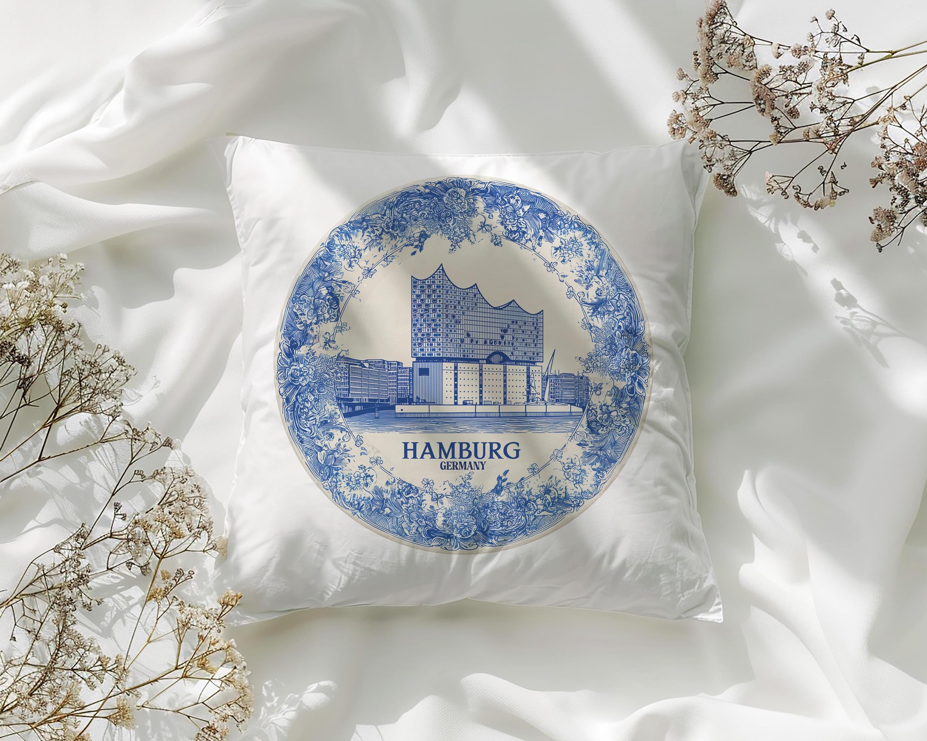 Hamburg Germany Pillowcase, Delft Style Decorative Throw Pillow, Vintage Cityscape Retro Home Decor