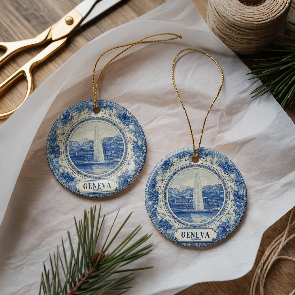 Custom Geneva Switzerland Ceramic Delft Ornament, Christmas Delftware Blue Delftware city travel